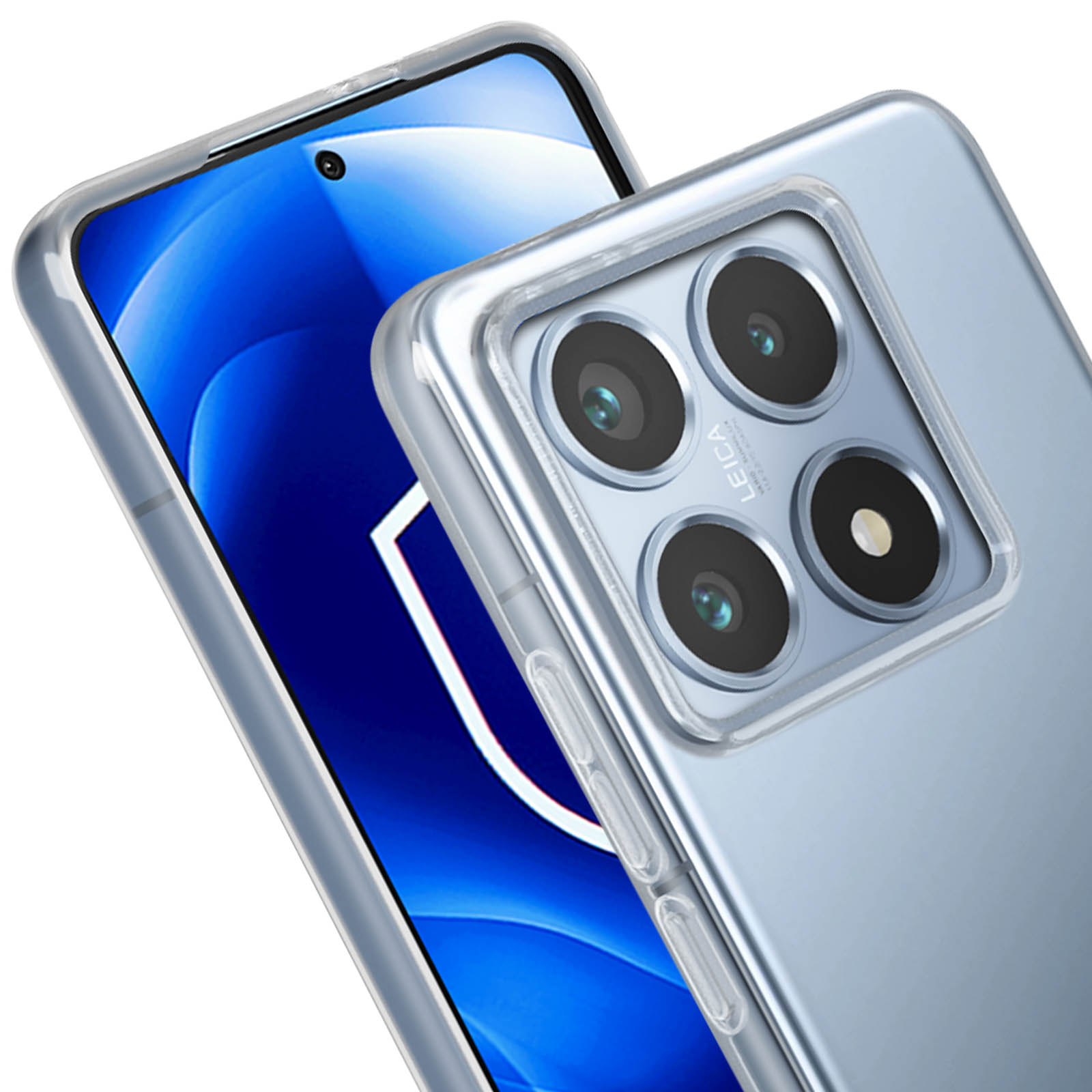 Telefon z przezroczystym etui. Telefon ma wiele aparatów i niebieski wzór na ekranie.