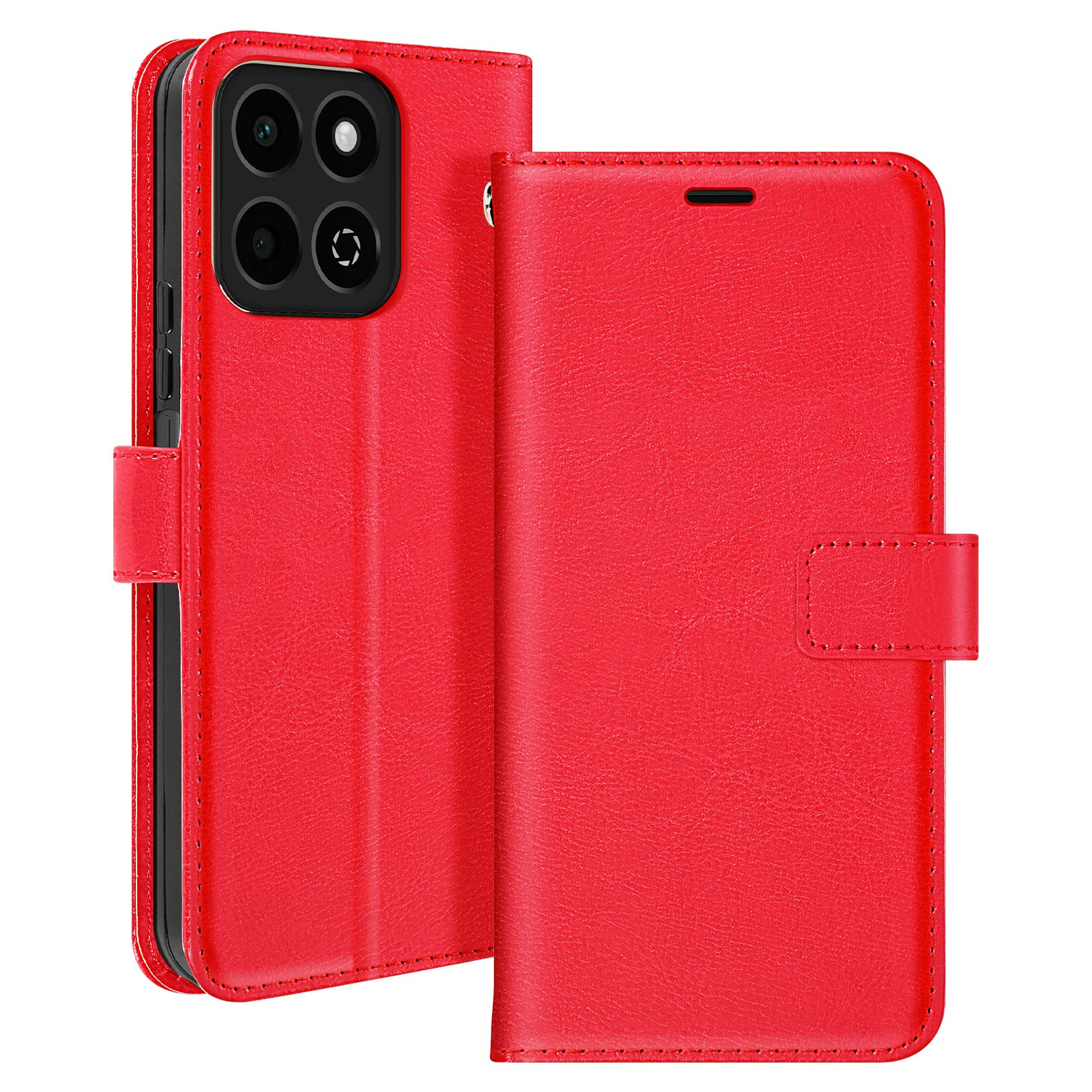 Custodia per telefono in pelle rossa, aperta. Telefono con più fotocamere all'interno.