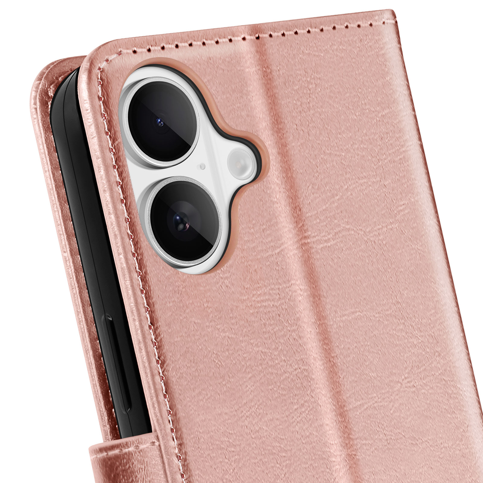 Primo piano di una custodia per telefono color oro rosa con due obiettivi e un flash, realizzata in materiale strutturato.
