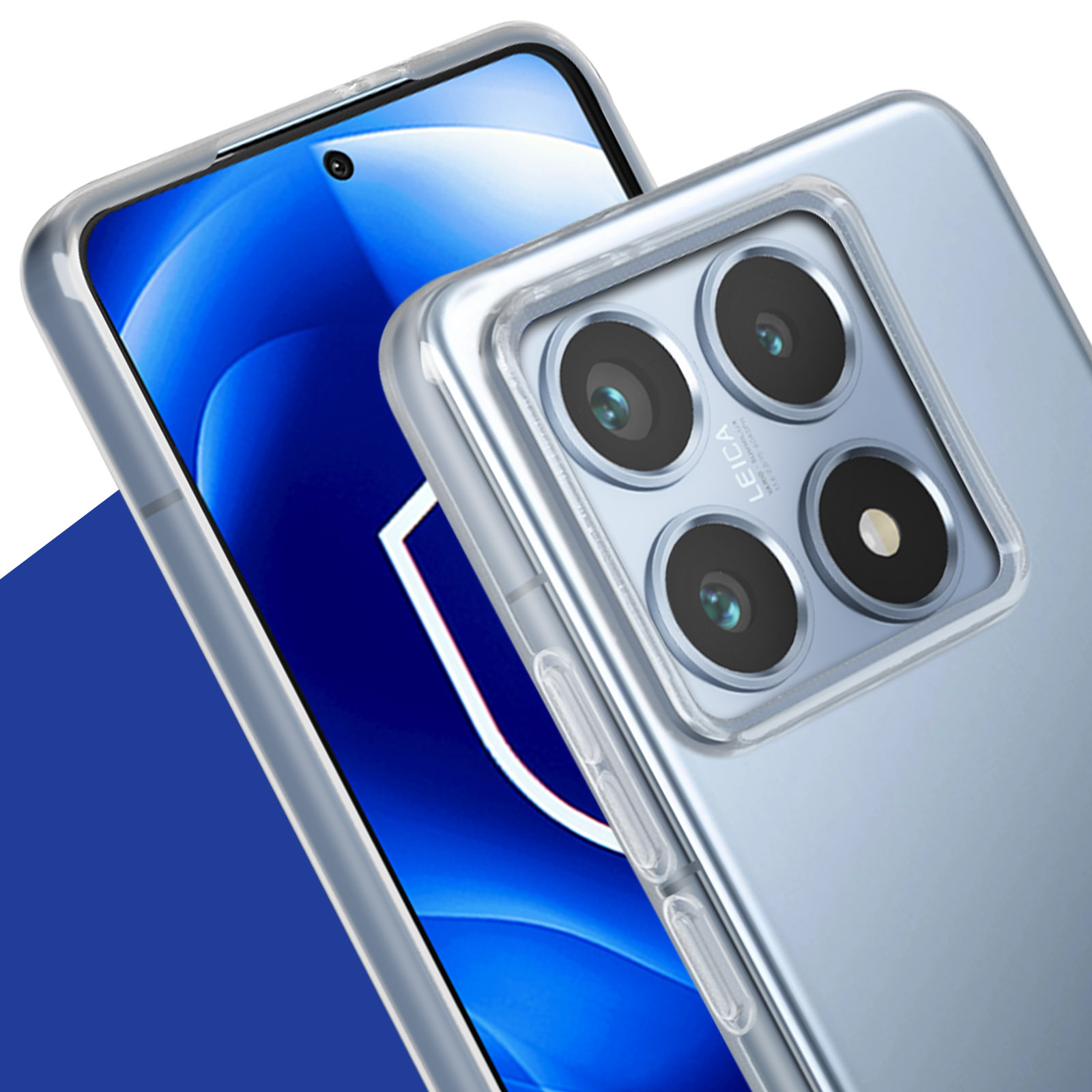 Przezroczyste etui na telefon na telefonie z trzema aparatami Leica. Tło to niebieski abstrakcyjny wzór.