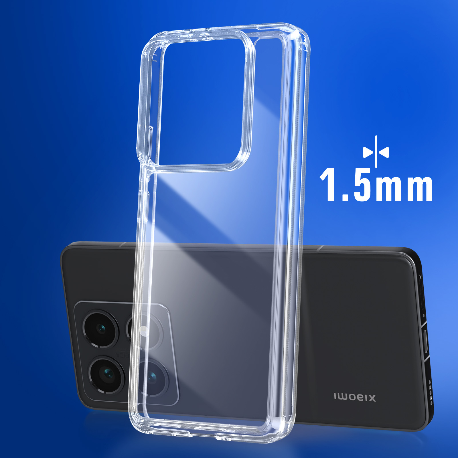 Przezroczyste etui na telefon na czarnym telefonie. Ma grubość 1,5 mm i jest na niebieskim tle.