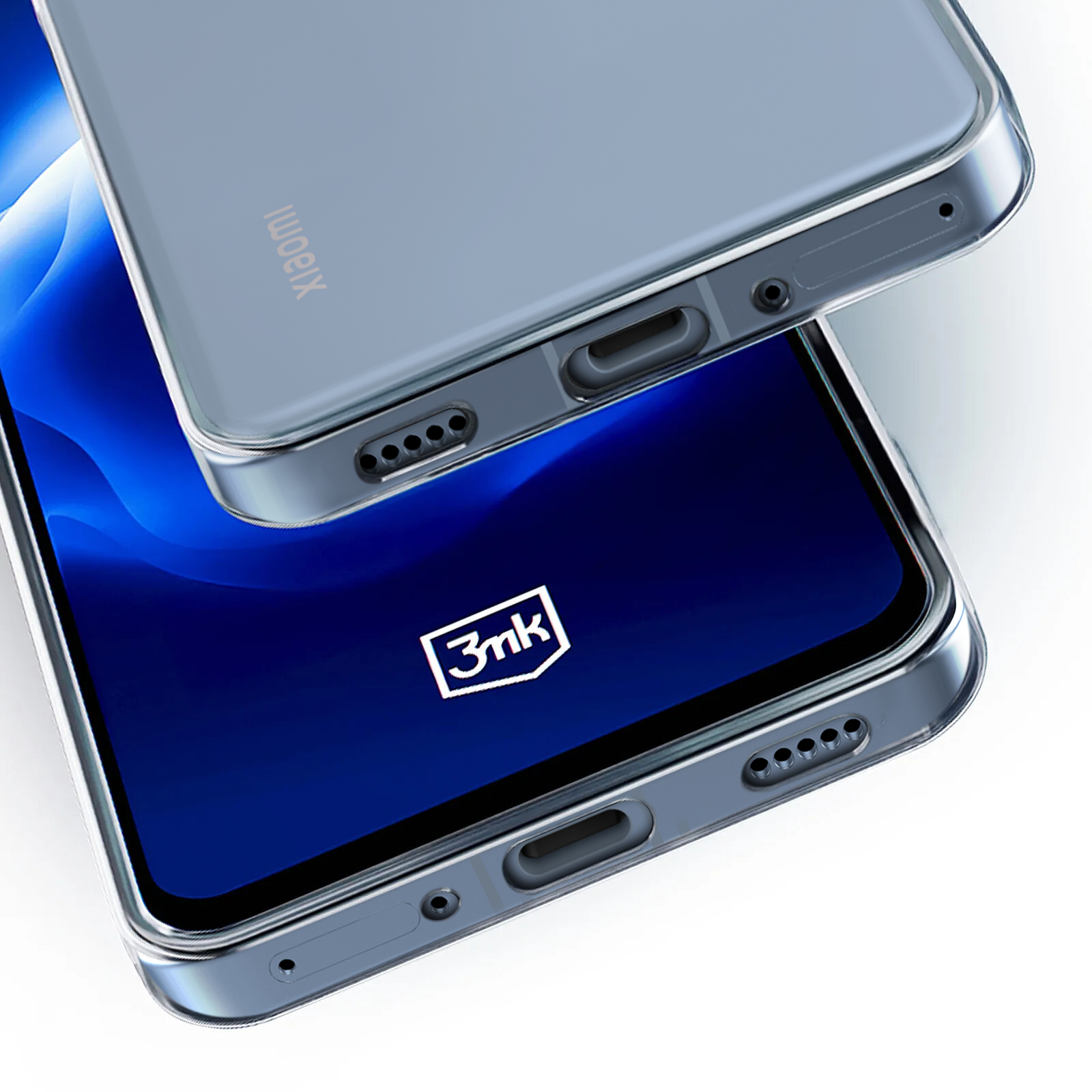 Przezroczyste etui na telefonie, wyświetlające logo Xiaomi i logo 3mk.