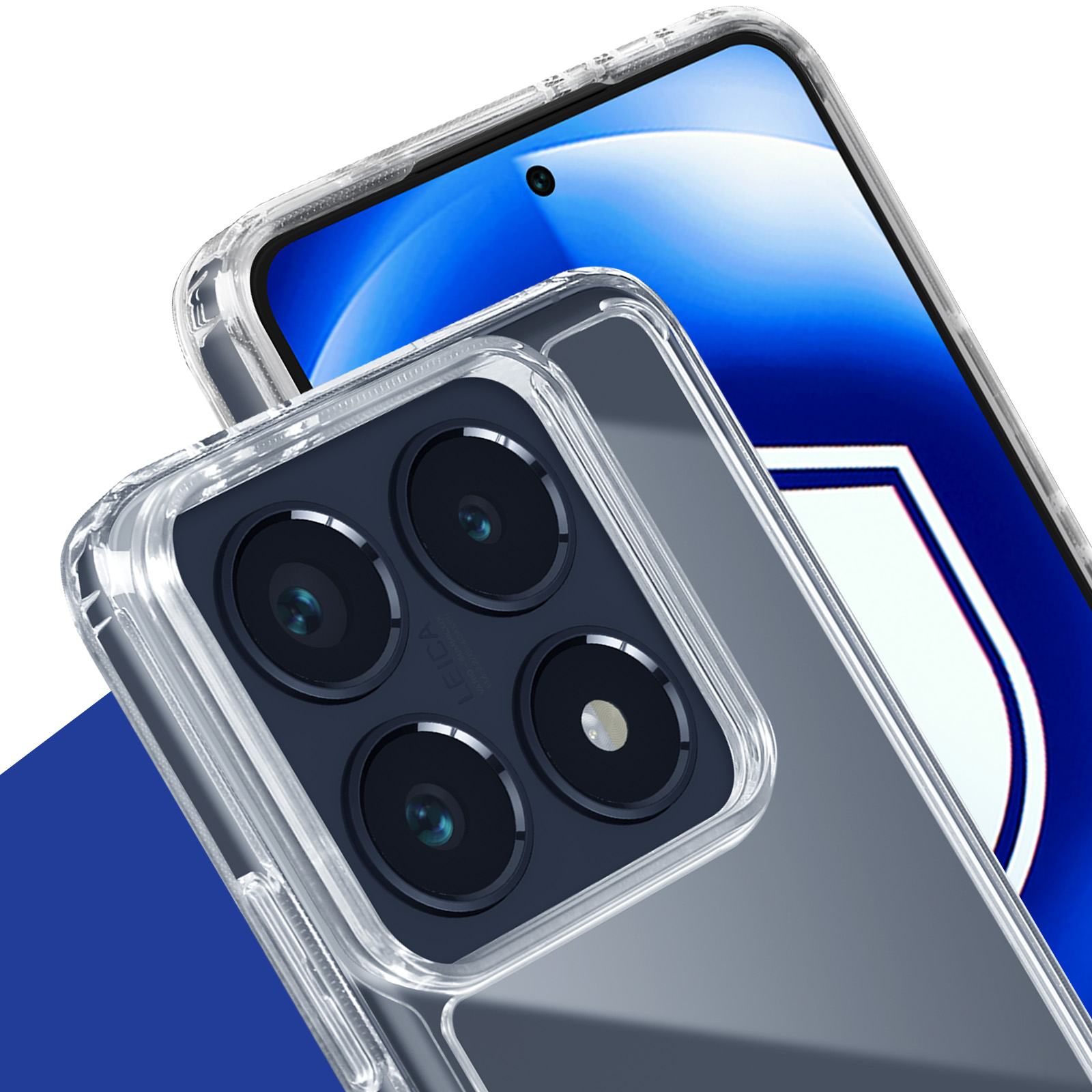 Przezroczyste etui na telefon z telefonem w środku. Telefon ma wiele aparatów.