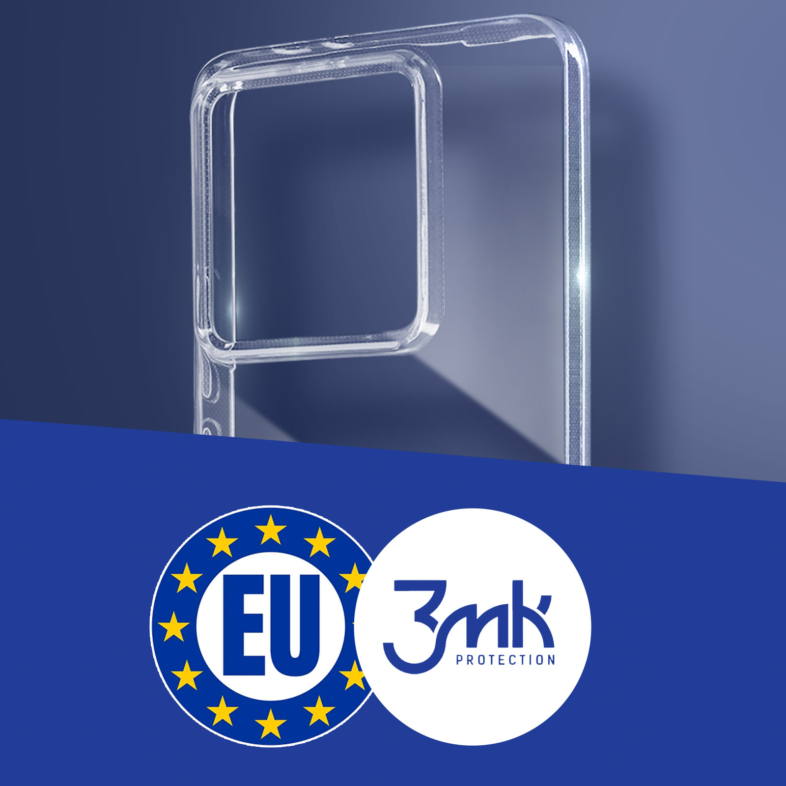 Przezroczyste etui na telefon z logo UE i 3mk Protection na niebieskim tle.