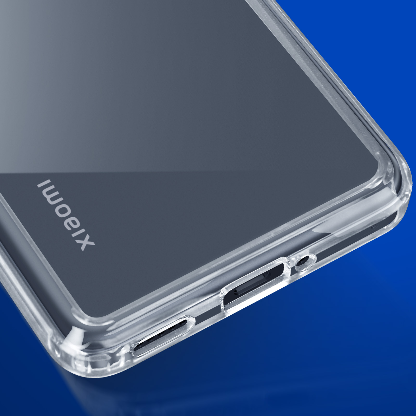 Przezroczyste etui na telefon z logo Xiaomi na niebieskim tle.