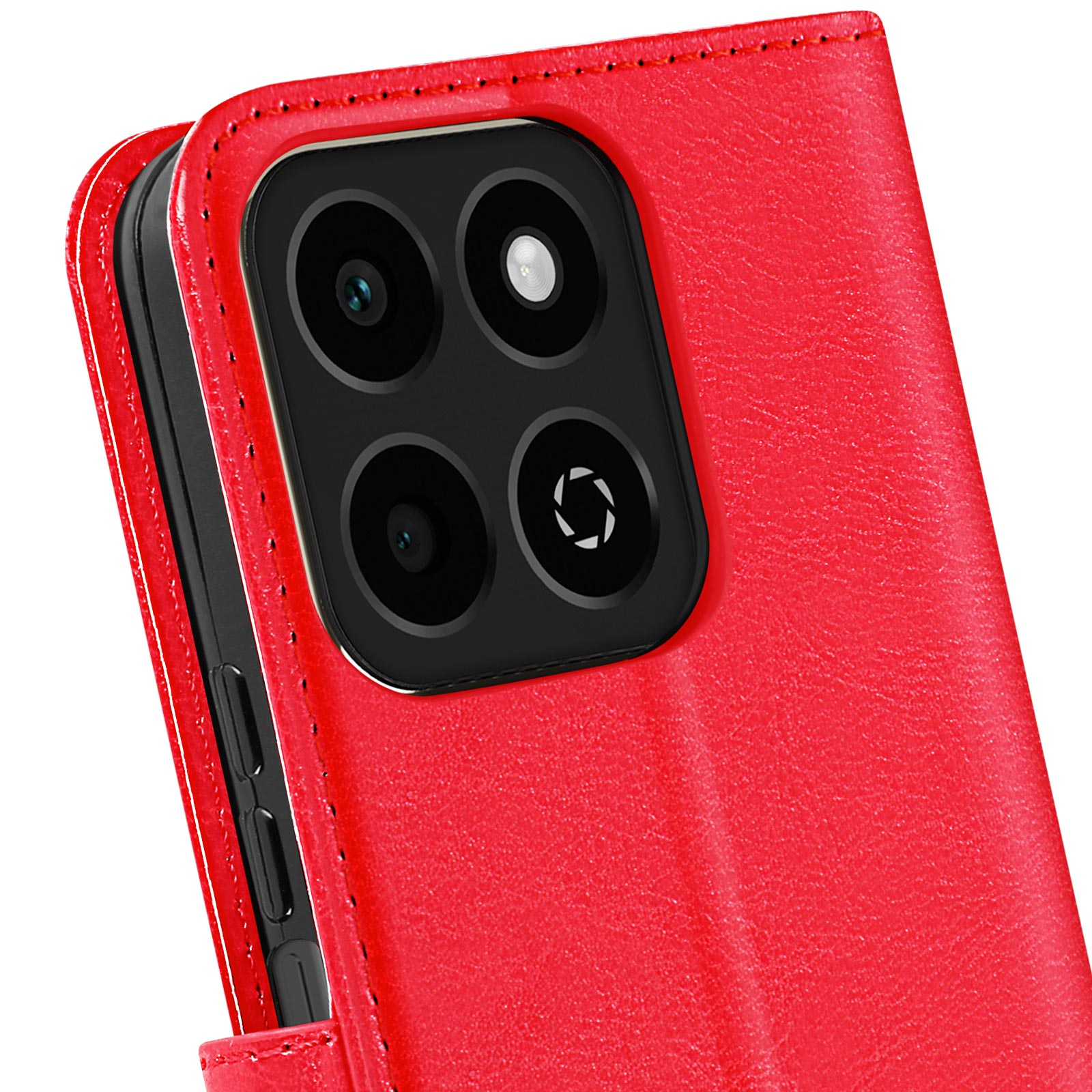 Custodia rossa con ritagli per fotocamera. Il telefono non è visibile.
