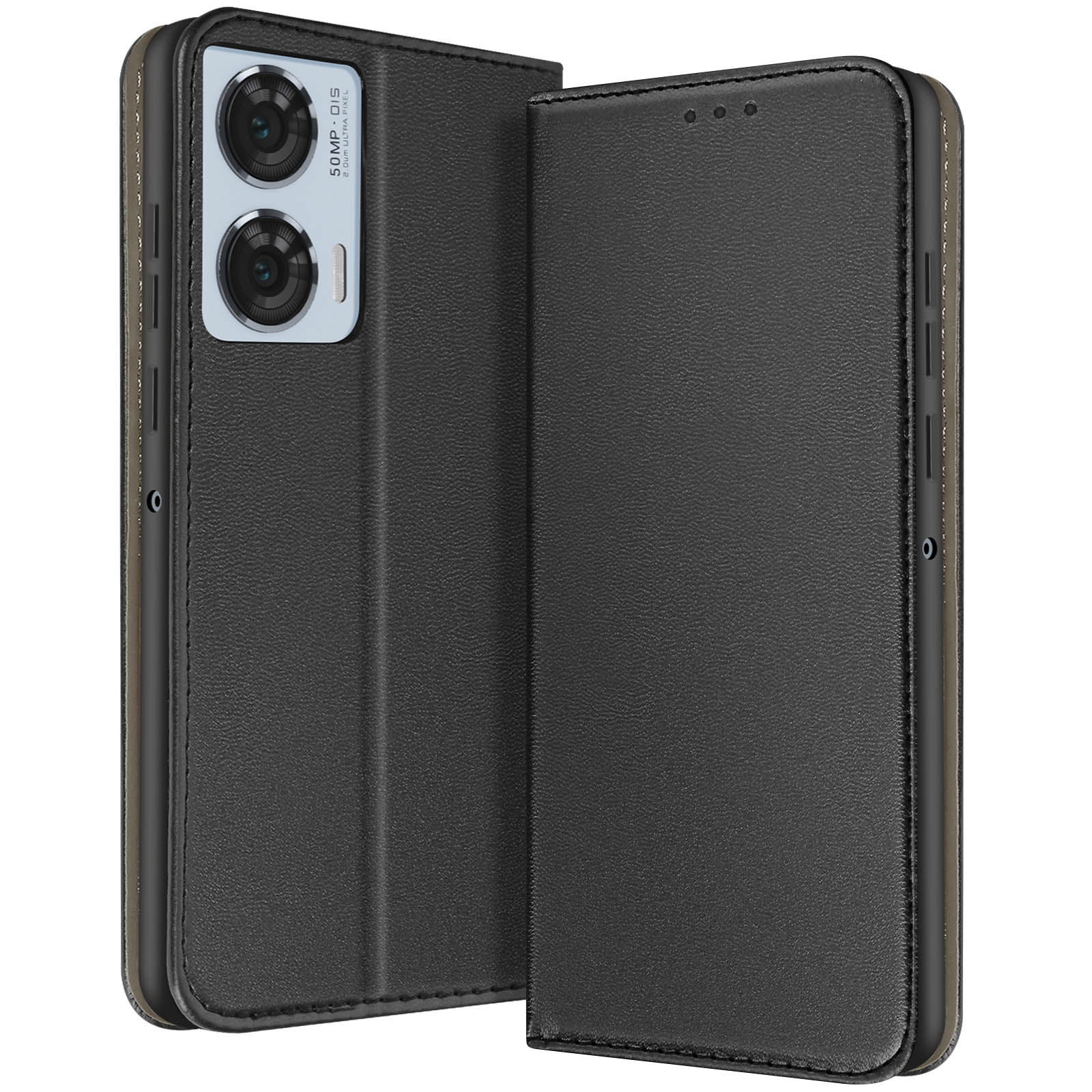 Custodia per telefono nera, aperta, con un telefono e le sue fotocamere visibili. Sfondo bianco.