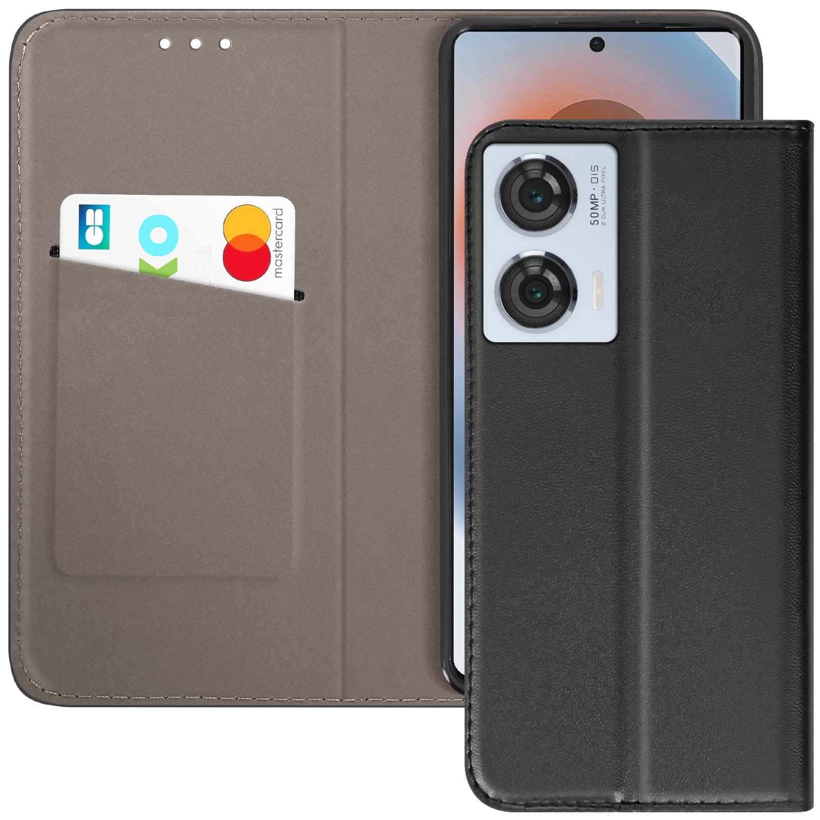 Telefono nero in una custodia nera. La custodia è aperta, rivelando una carta e le fotocamere.