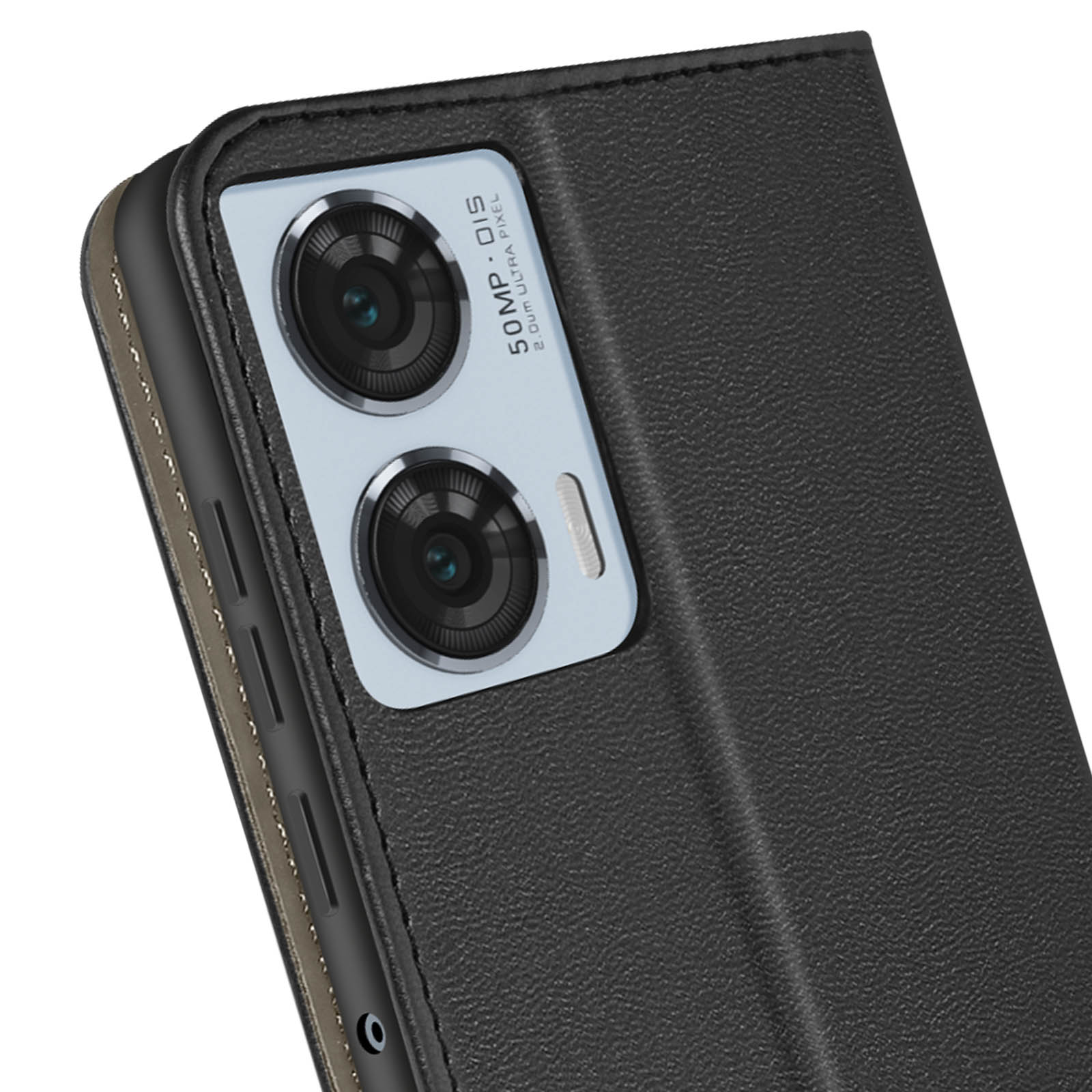 Primo piano del modulo fotocamera di un telefono in una custodia nera. Con doppia lente e dettagli.
