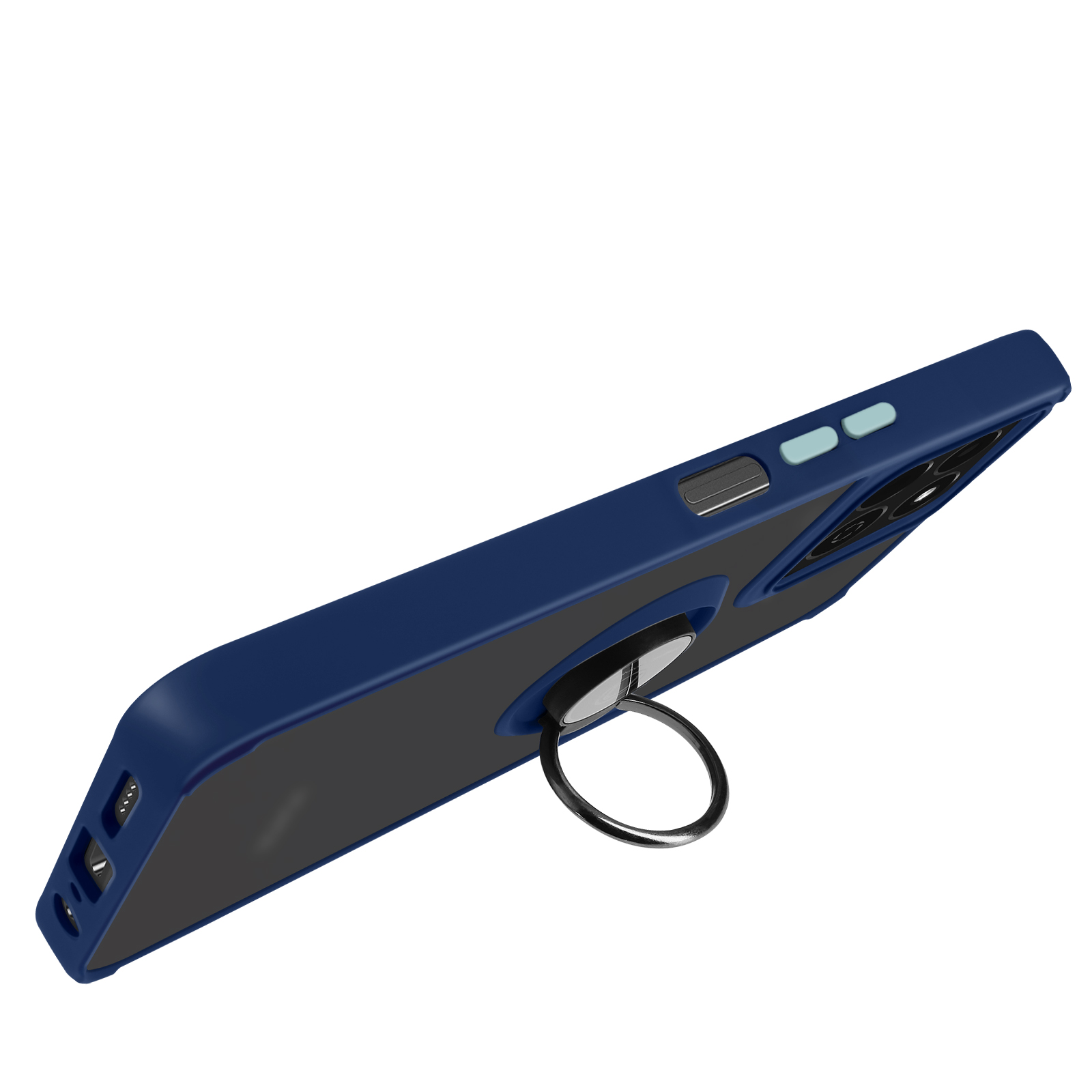 Una custodia blu per telefono con un supporto ad anello. Il telefono è inclinato.