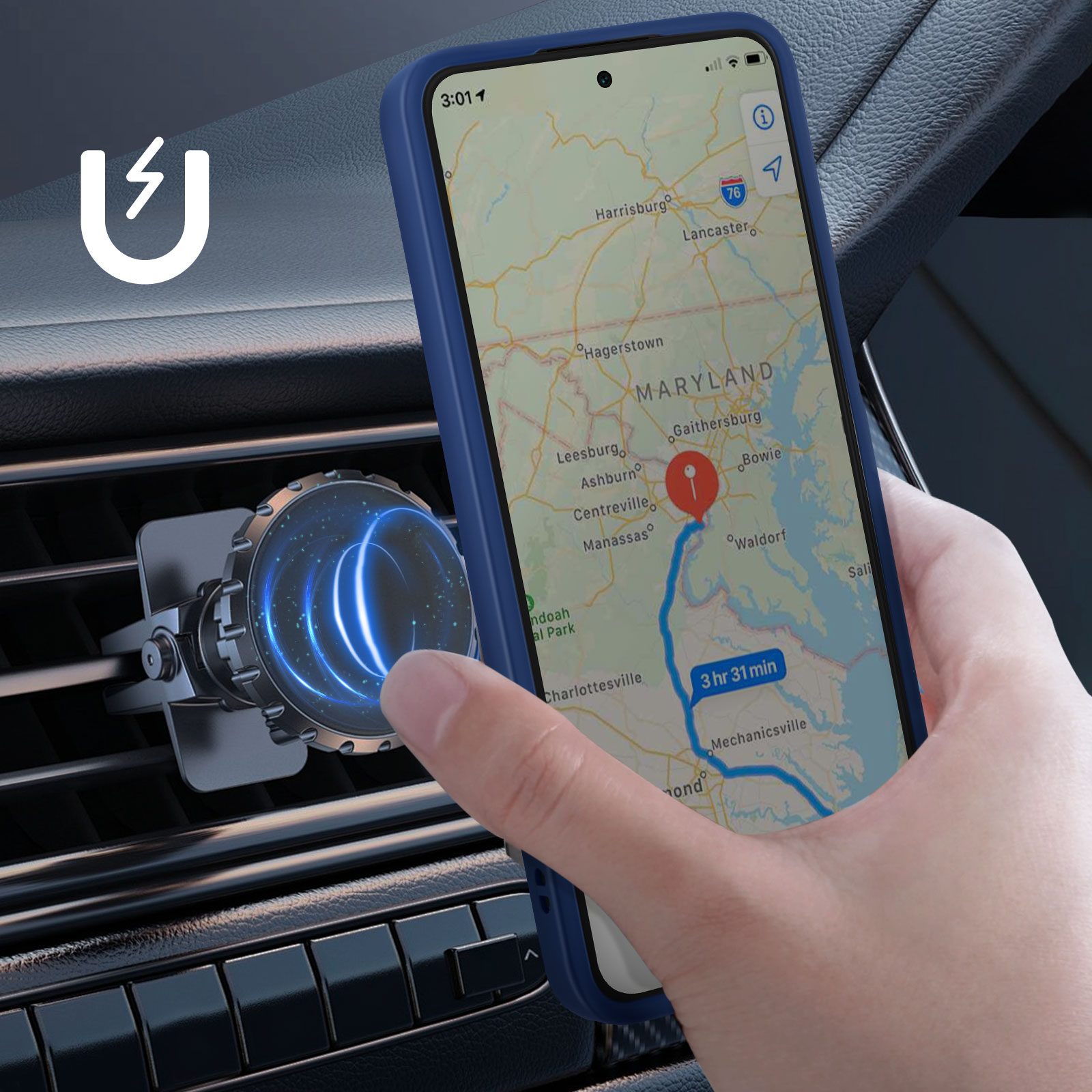 Uno smartphone con un'app di navigazione che mostra una mappa, montato in un'auto con un supporto magnetico.