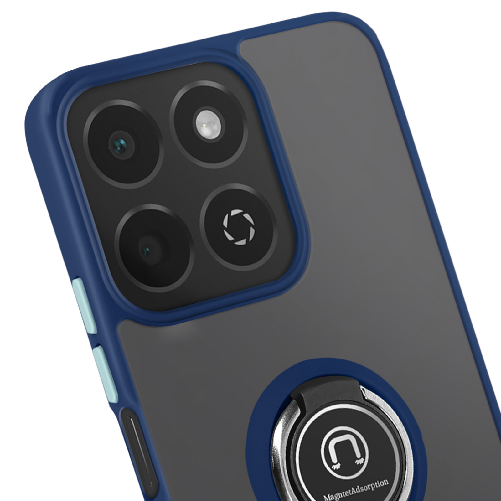 Un primo piano di una custodia per telefono con cornice blu e anello di supporto. Il telefono ha più fotocamere.
