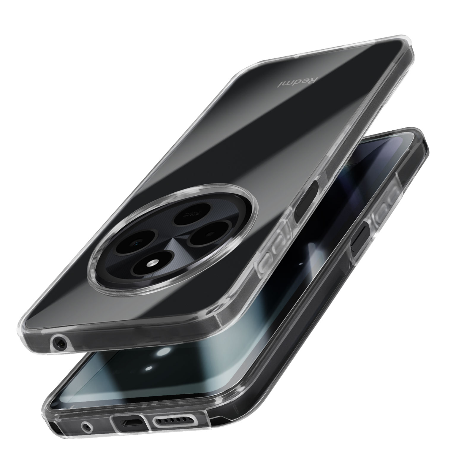 Una custodia trasparente per telefono con un telefono nero all'interno, che mostra la fotocamera.