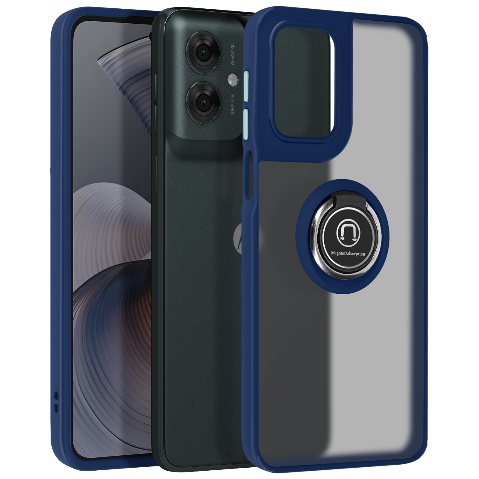 Telefon in blauer Hülle mit Ringhalter, ein weiteres Telefon dahinter. Blaue und klare Farben.