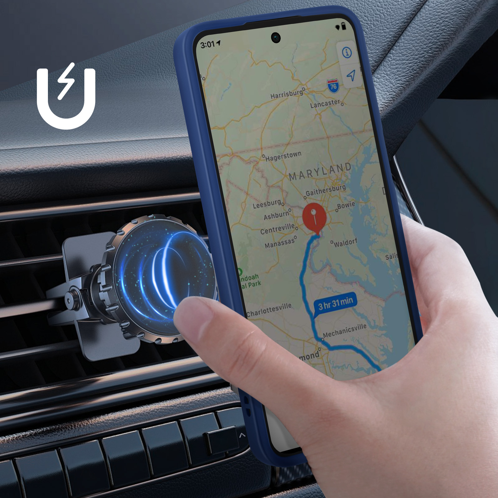 Ein Telefon, das an einer Lüftung im Auto befestigt ist und eine Navigations-App mit einer 3h 31min Route zeigt.