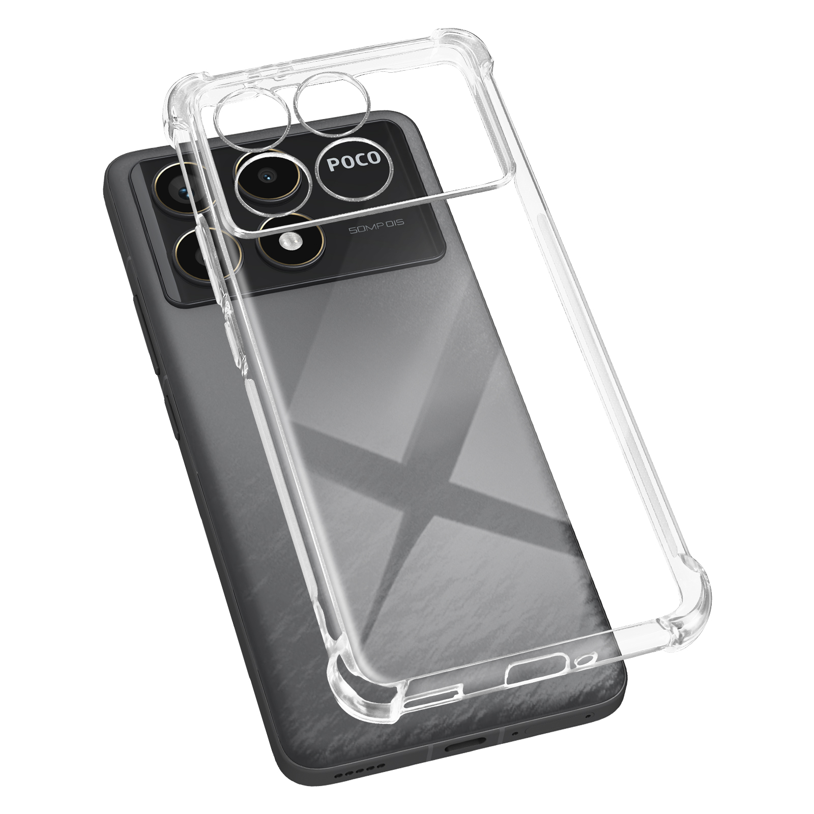 Smartphone con una custodia protettiva, che mostra la parte posteriore del telefono con lenti della fotocamera.
