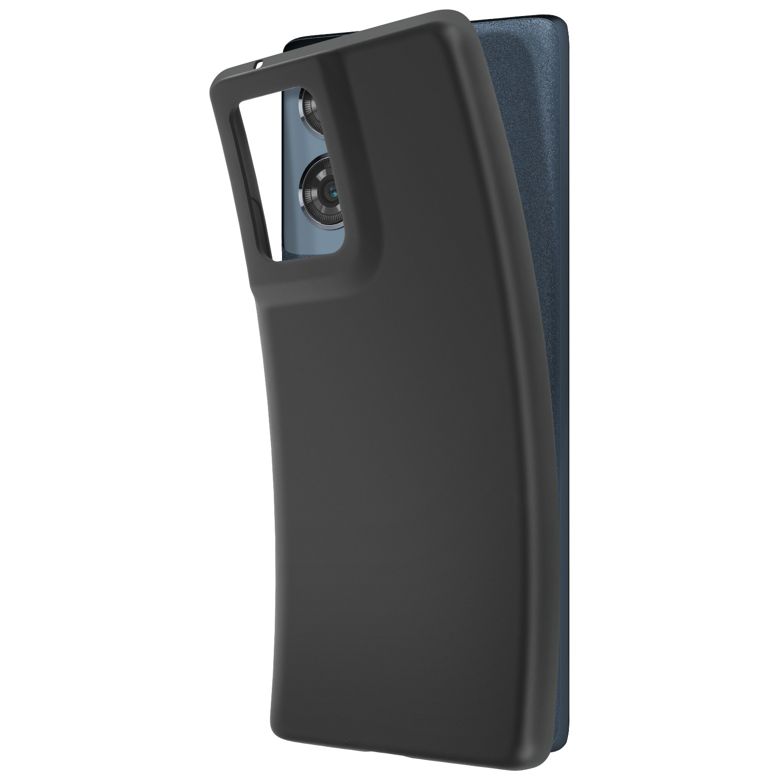 Custodia per telefono nera con ritaglio per la fotocamera, mostrata aperta accanto a un telefono.