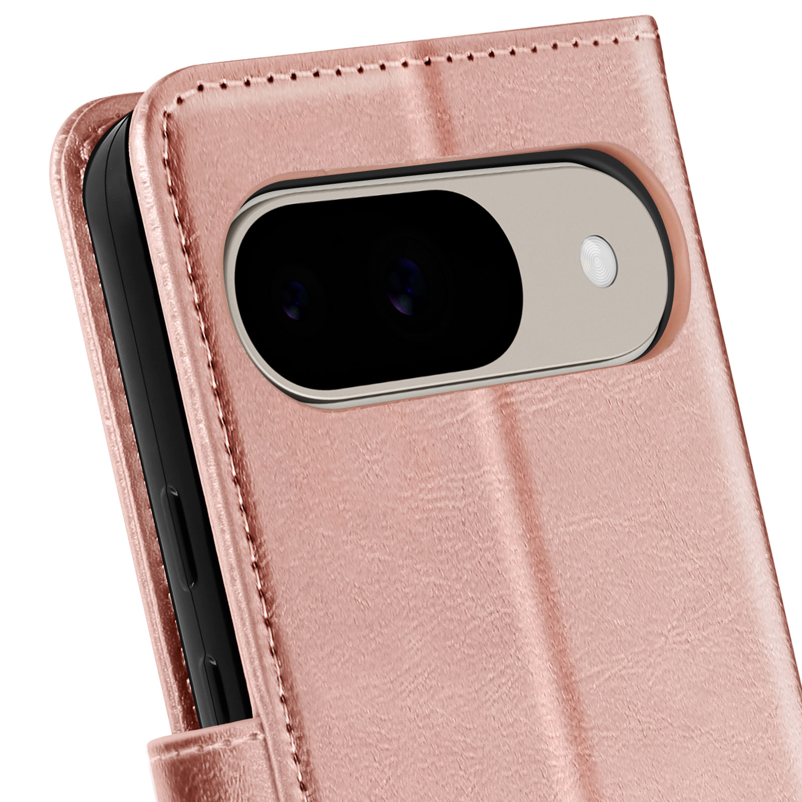Nahaufnahme einer rosa Handyhülle, die die Kamera und die Seitentasten des Telefons zeigt.
