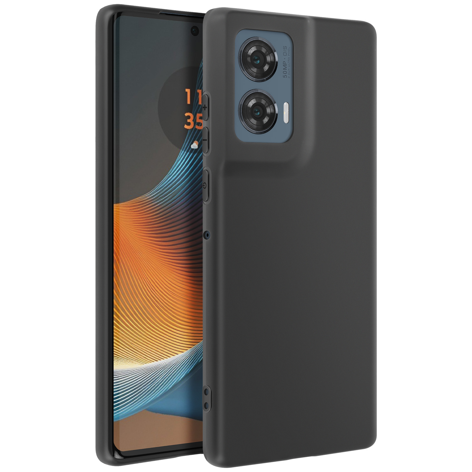 Custodia nera per telefono con un telefono nero all'interno. La custodia avvolge il telefono e il modulo fotocamera.