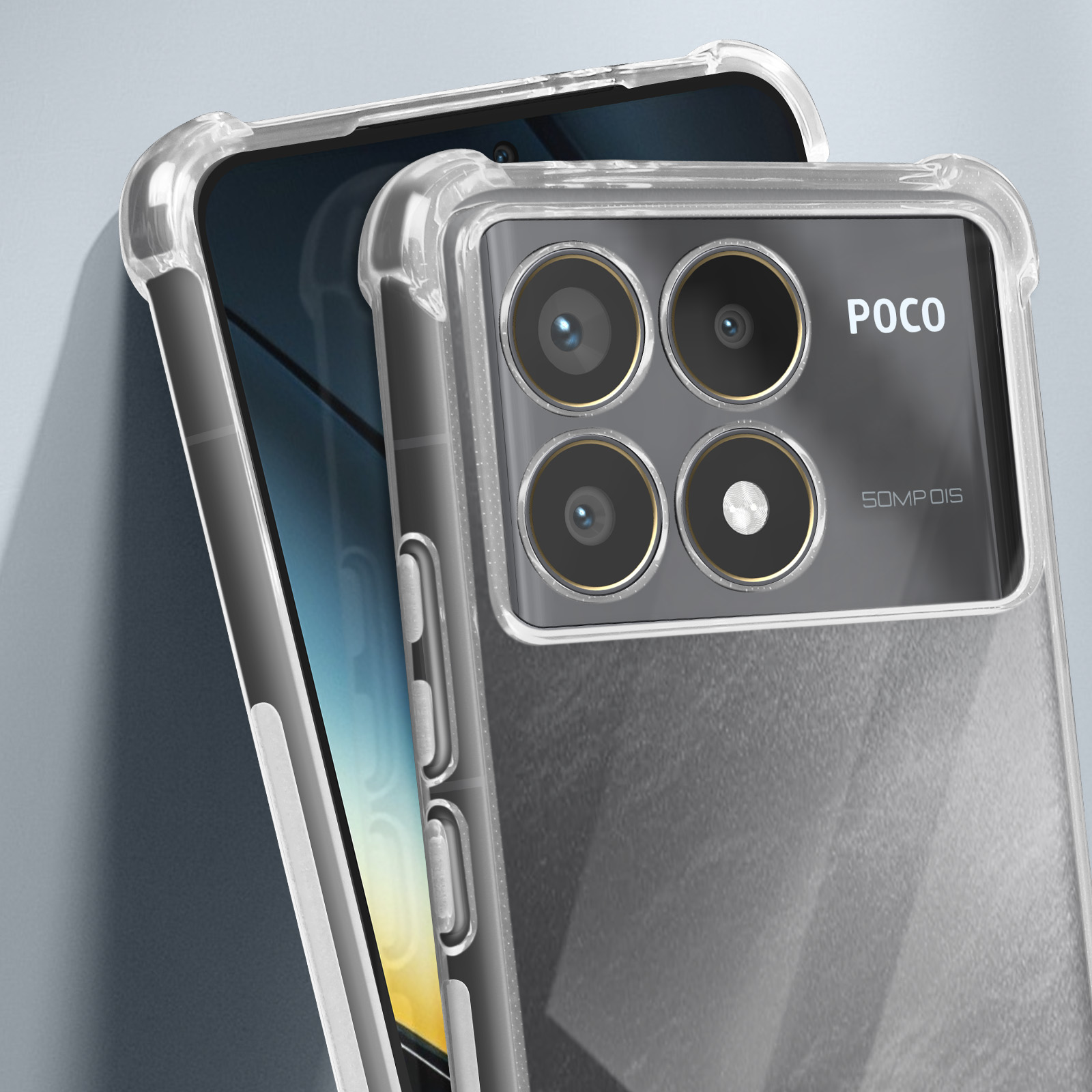 Telefono con custodia protettiva trasparente, che mostra il retro con una matrice di fotocamere.