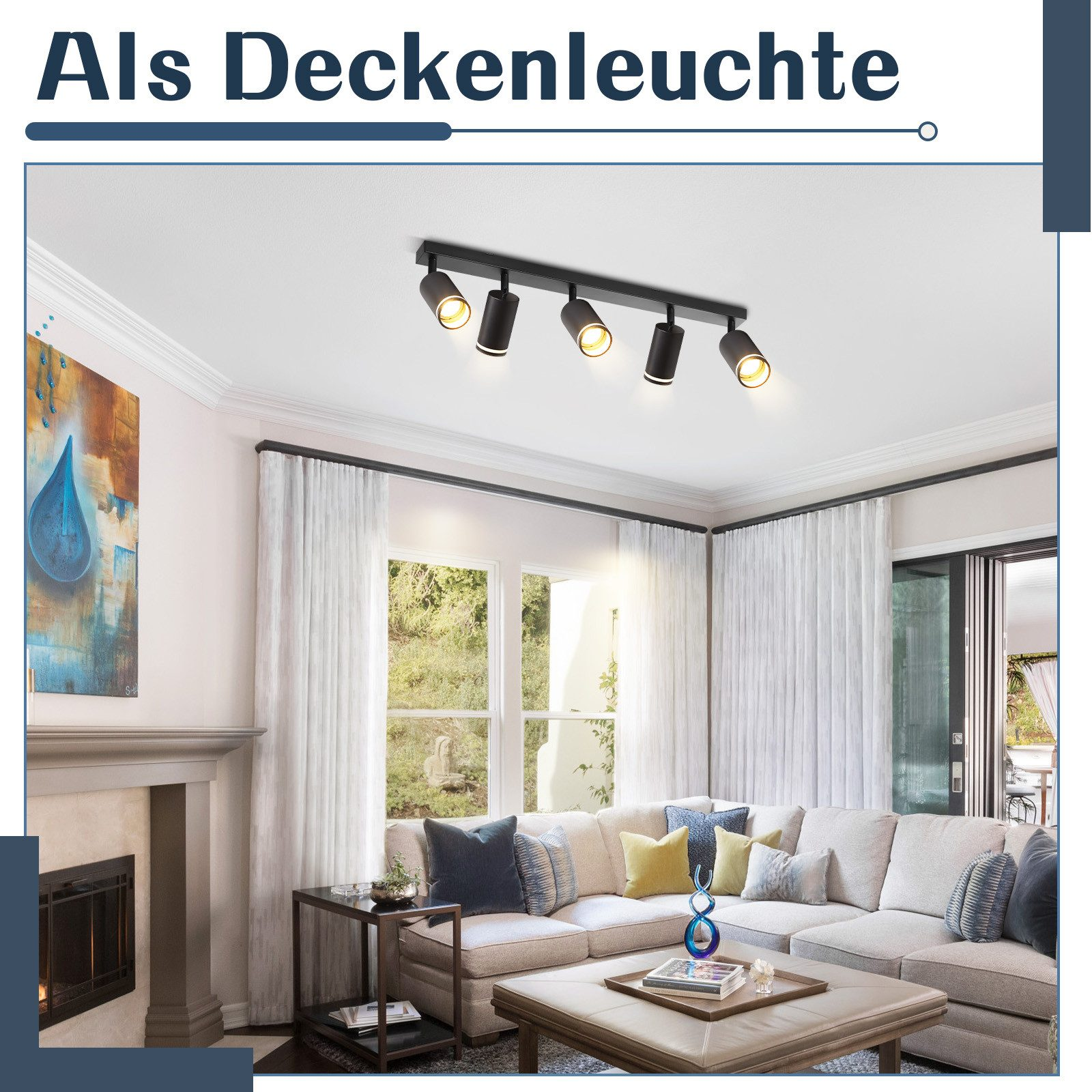 Czarne oświetlenie szynowe z pięcioma reflektorami na suficie. Widoczna biała kanapa i kominek.