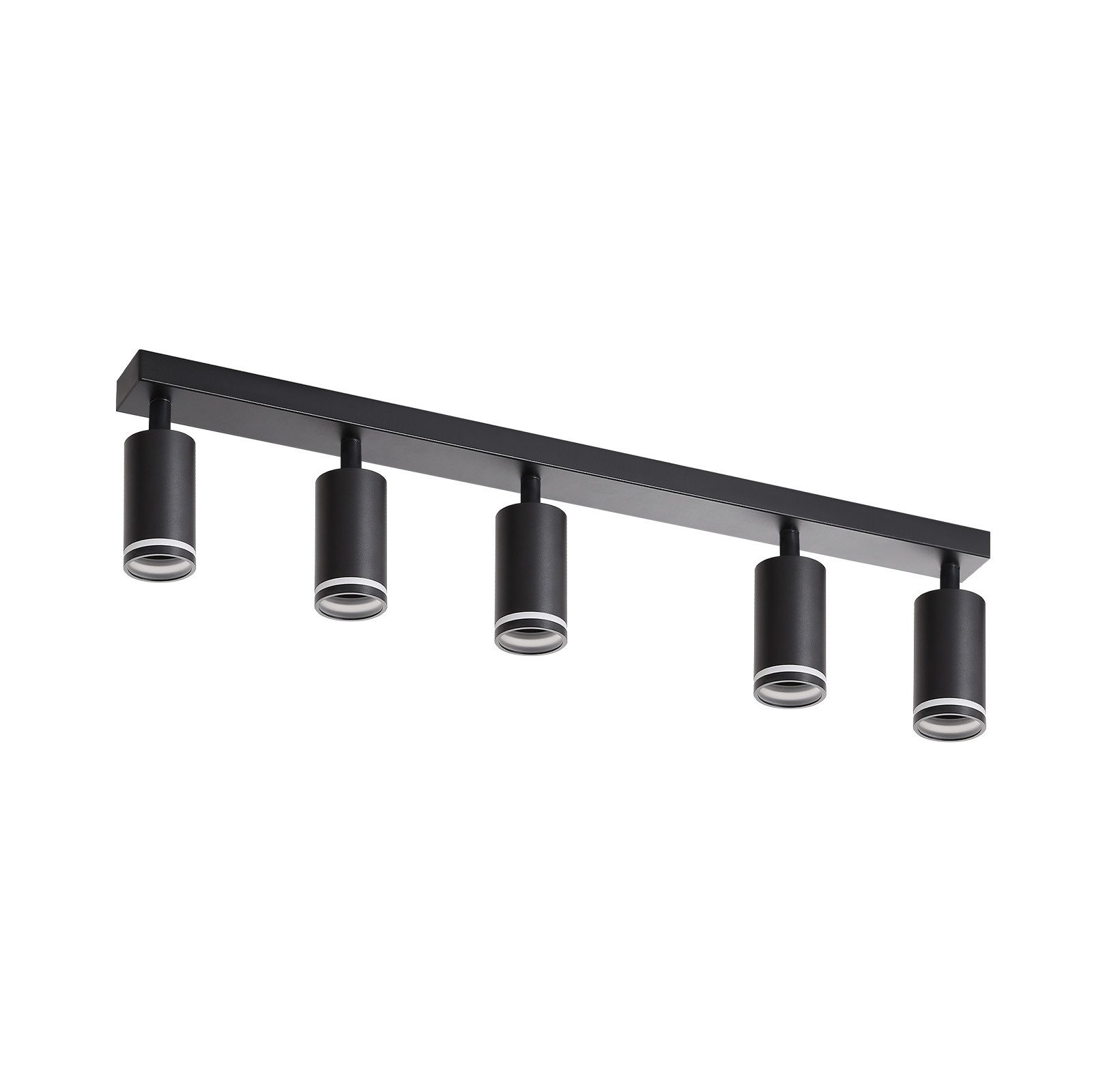 Apparecchio di illuminazione lineare nero con cinque faretti cilindrici su sfondo bianco.