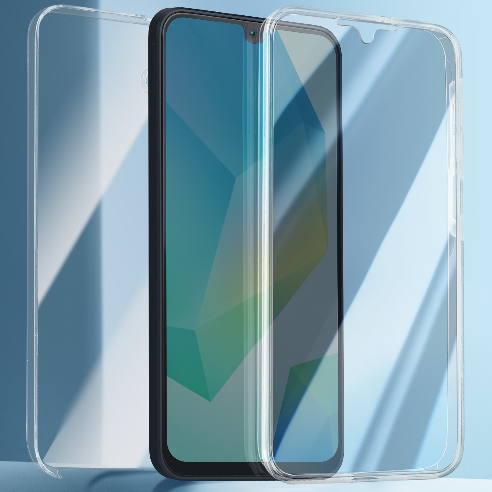 Una custodia trasparente per telefono con un telefono all'interno, con uno sfondo blu.