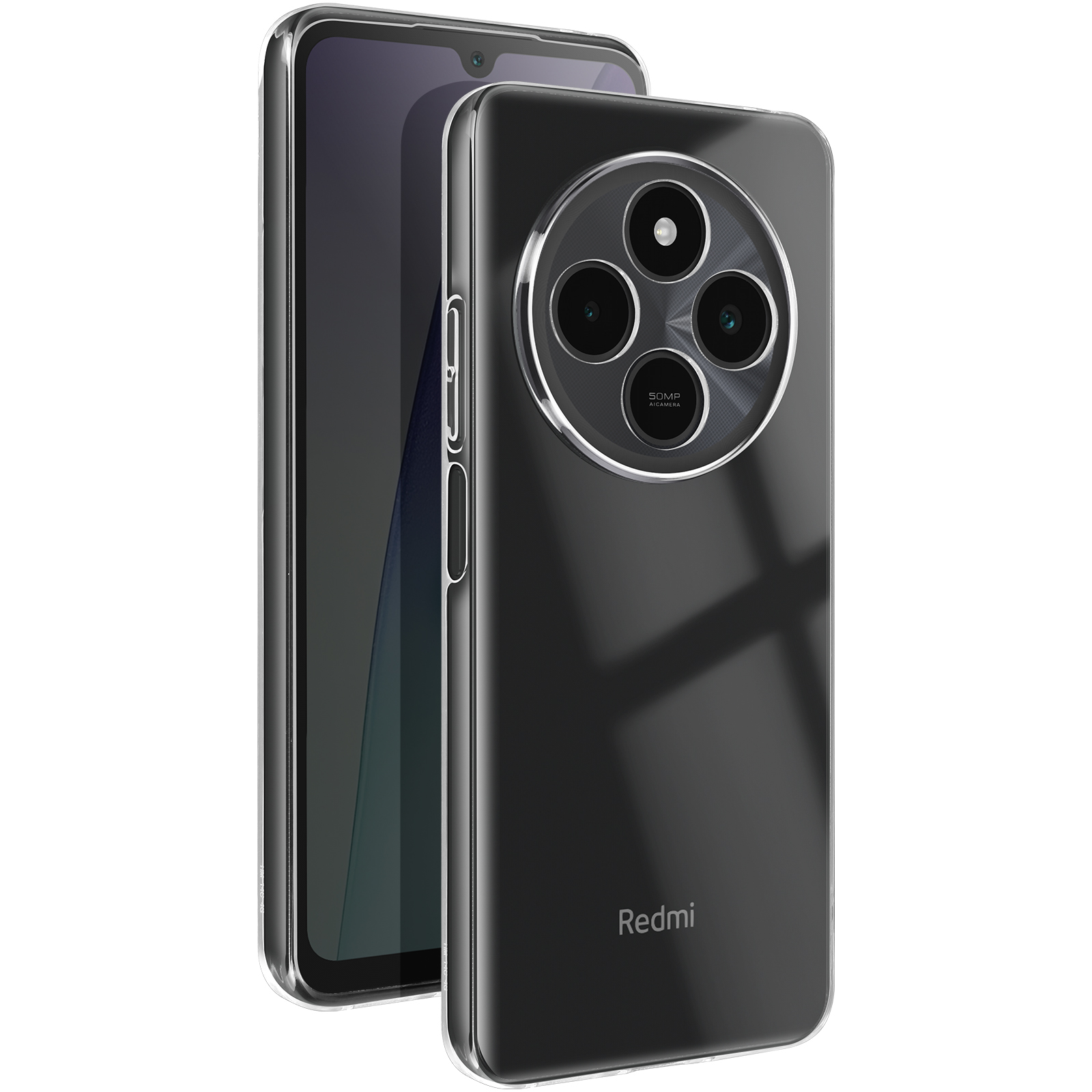 Un telefono nero in una custodia trasparente, con tripla fotocamera e logo Redmi.