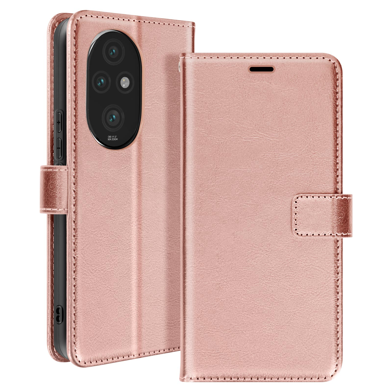 Eine rosa Leder-Handyhülle mit Magnetverschluss. Weißer Hintergrund.