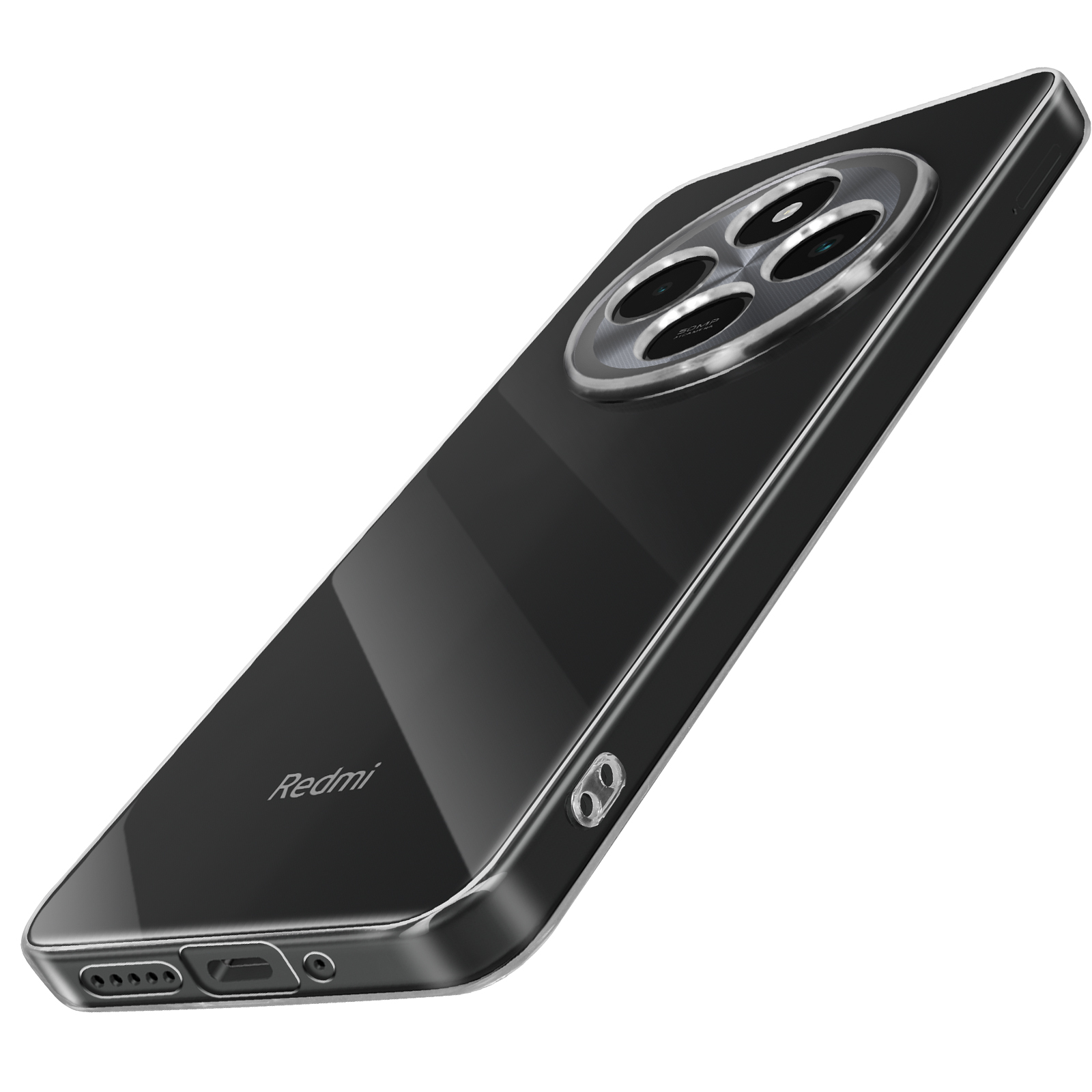 Custodia per telefono nera con retro trasparente e anello fotocamera argentato, logo Redmi.