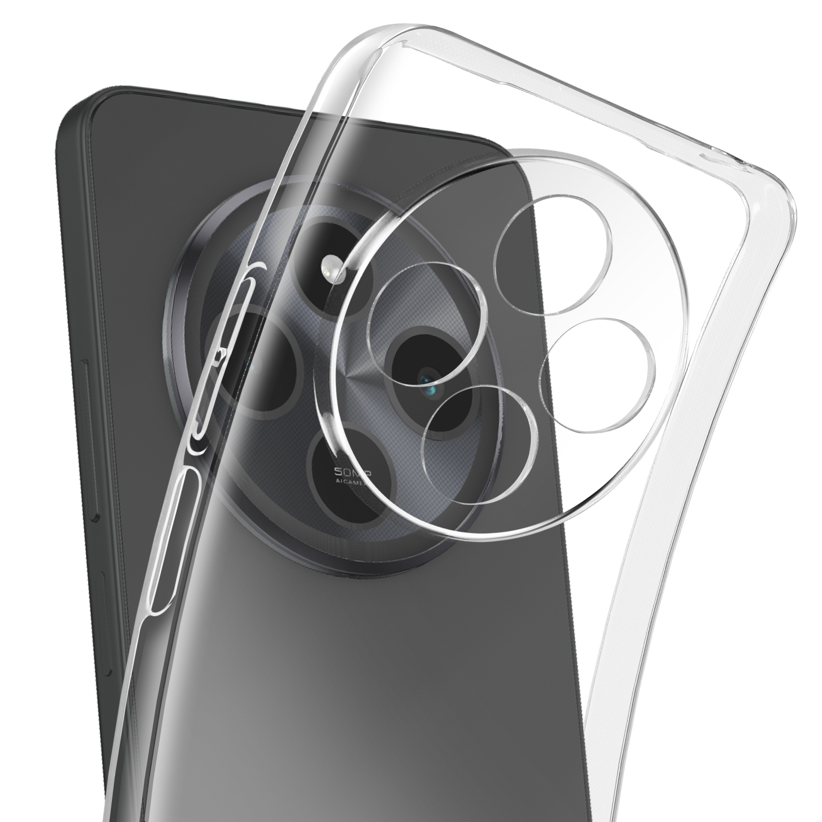 Una custodia trasparente per telefono su un telefono nero, con la fotocamera visibile.