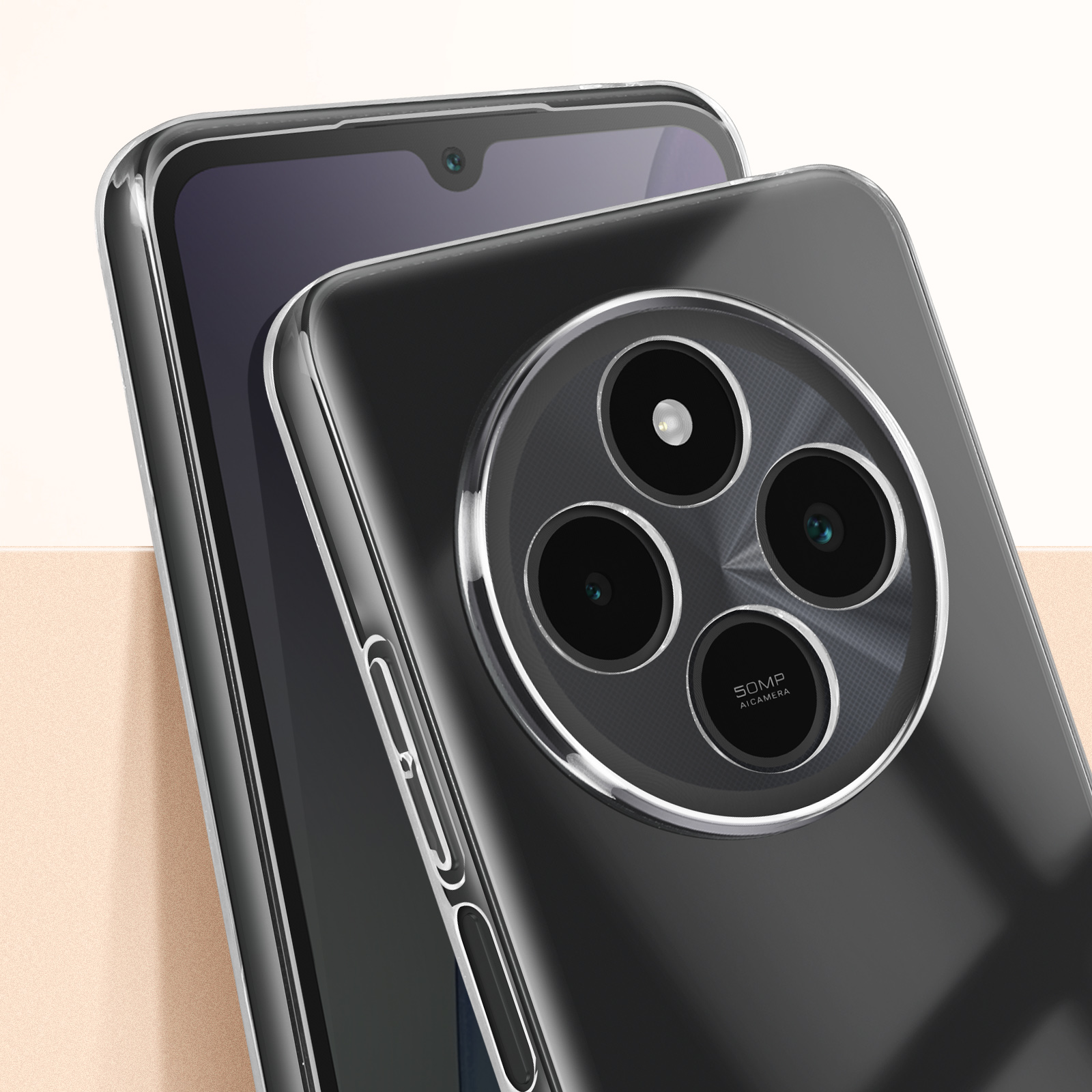 Una custodia trasparente per telefono con un telefono all'interno. Il telefono ha tre fotocamere.