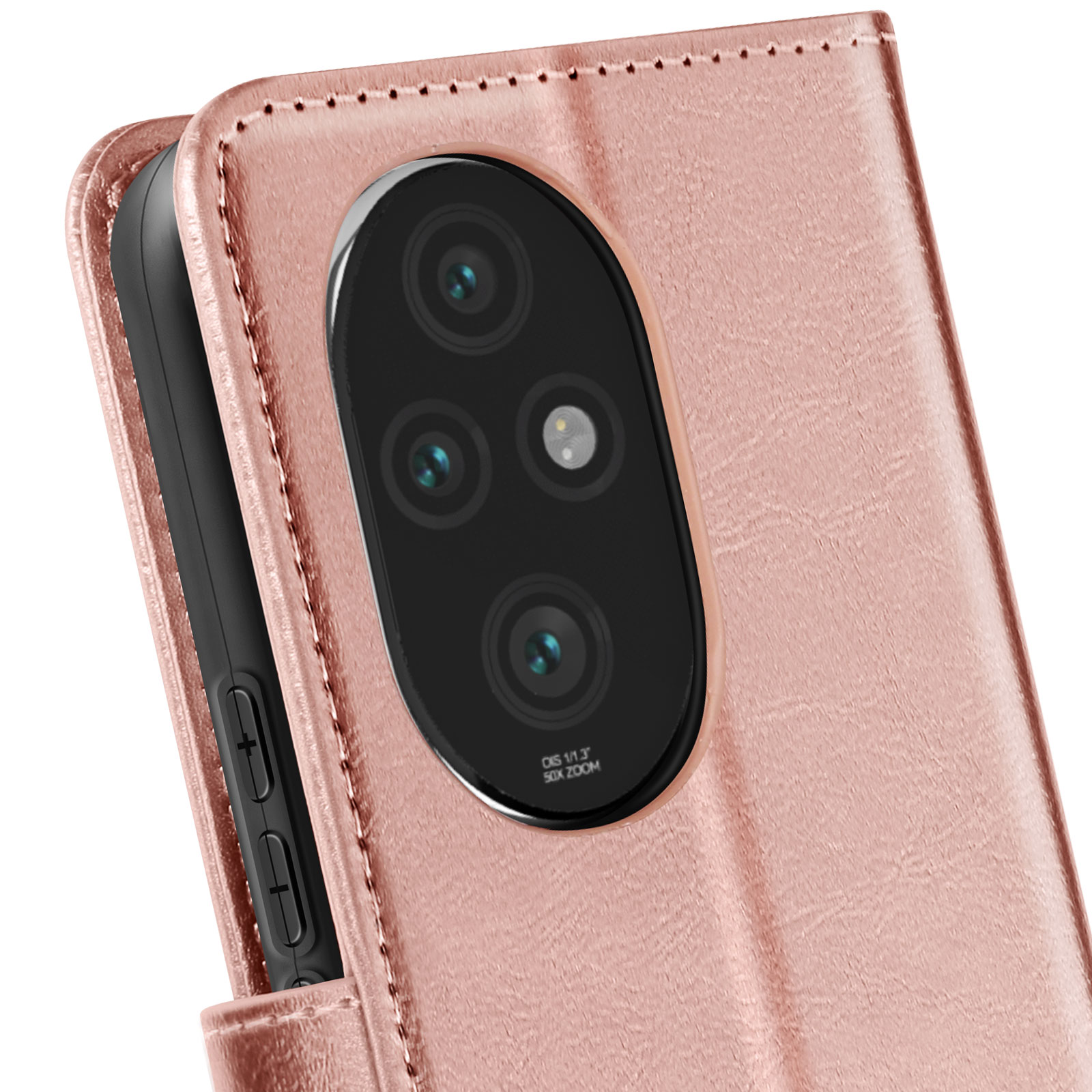 Nahaufnahme einer roségoldenen Handyhülle mit Kameraobjektivabdeckung.