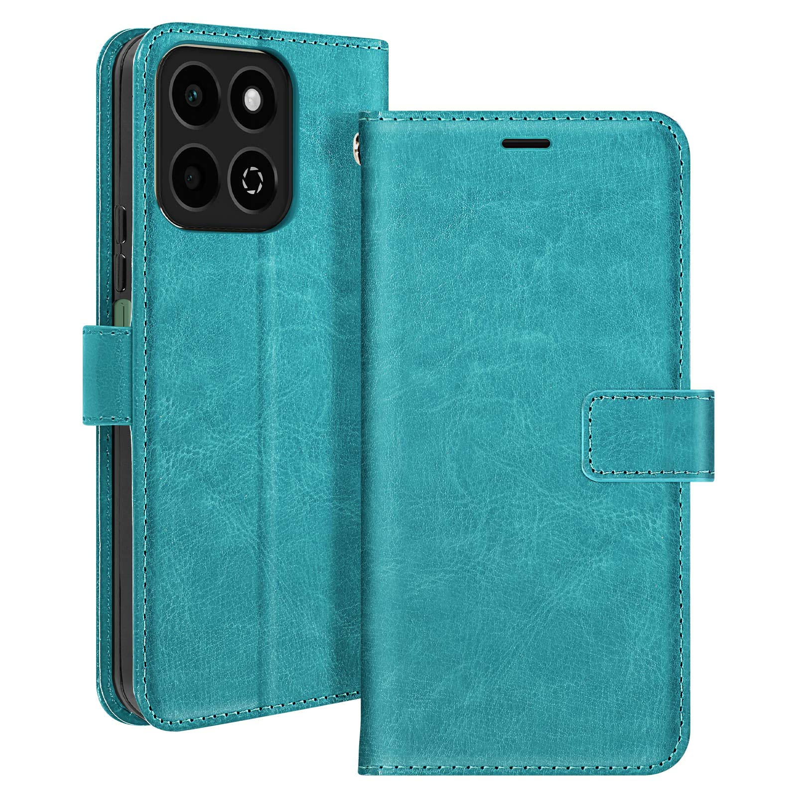 Una custodia per telefono in pelle verde acqua, aperta per rivelare il telefono. Chiusura.