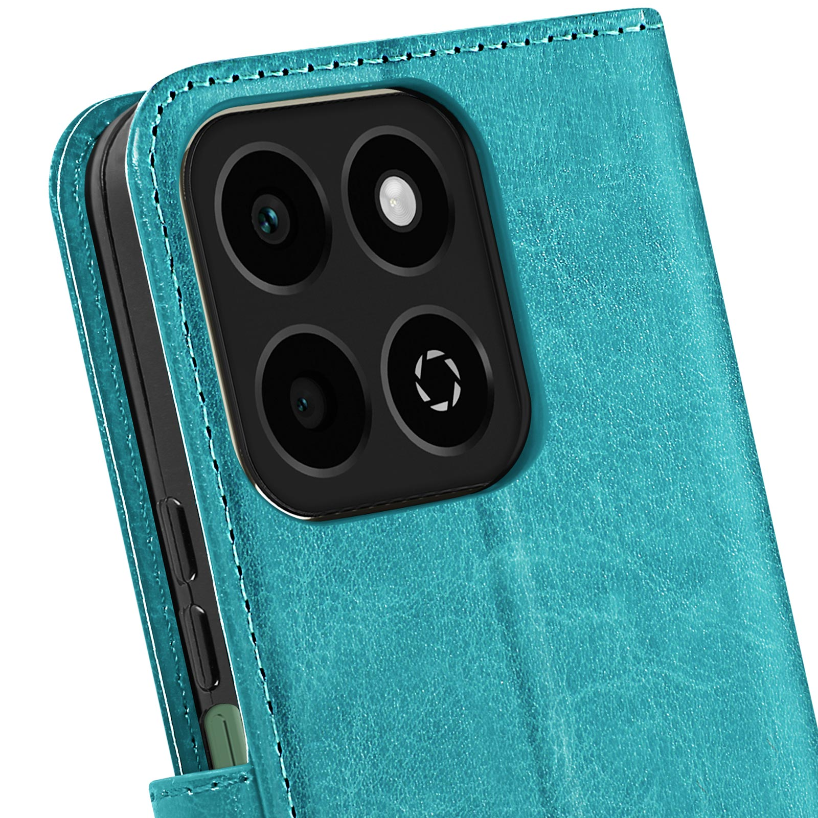 Custodia per telefono color verde acqua con lenti triple e texture in pelle.