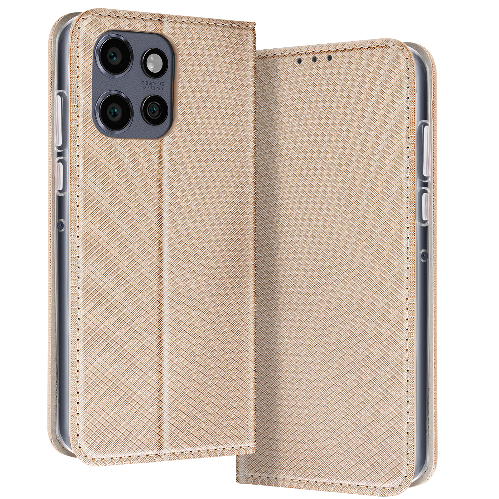 Custodia per telefono aperta, beige, strutturata. Lo sfondo è bianco.