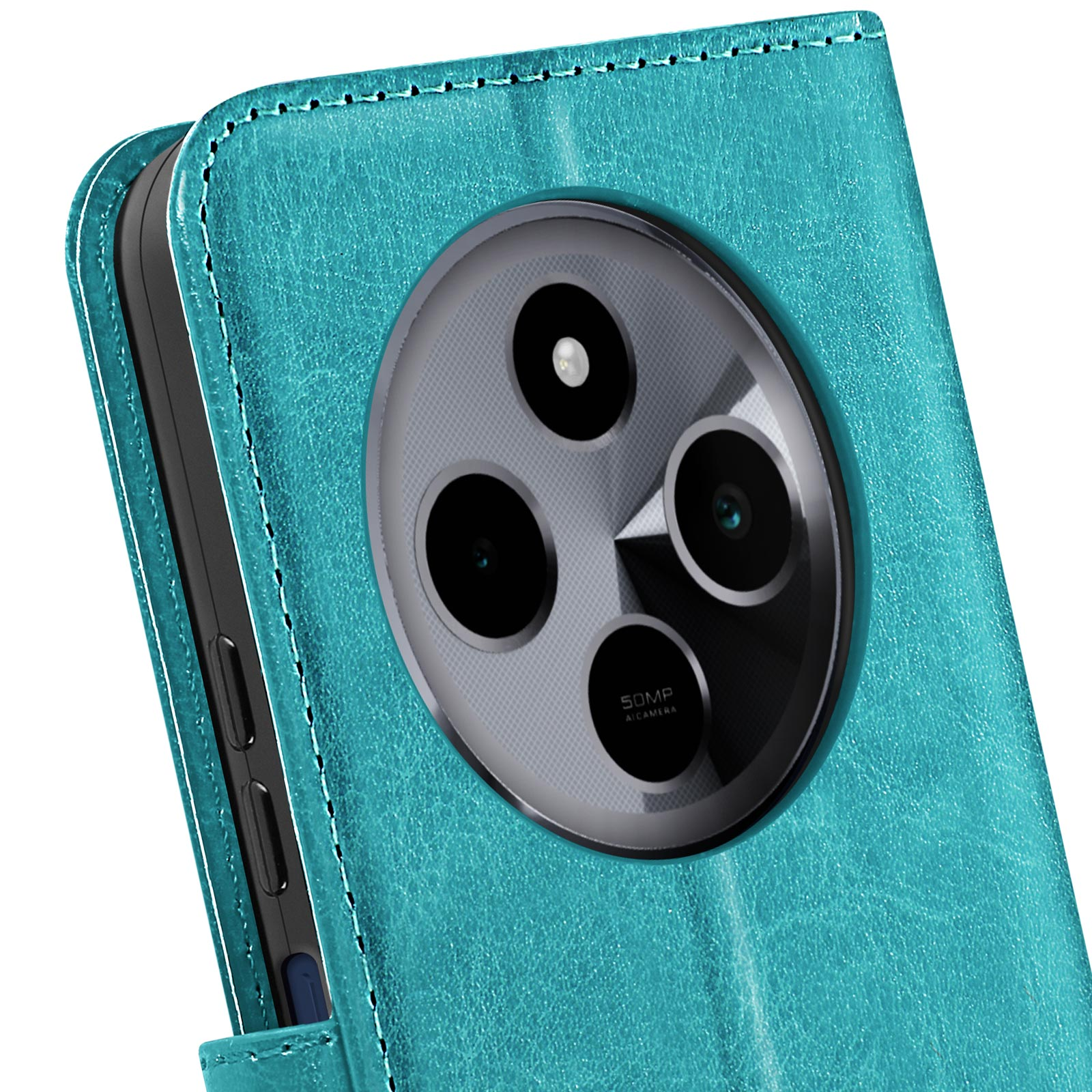 Una custodia per telefono turchese con modulo fotocamera. La custodia è chiusa.