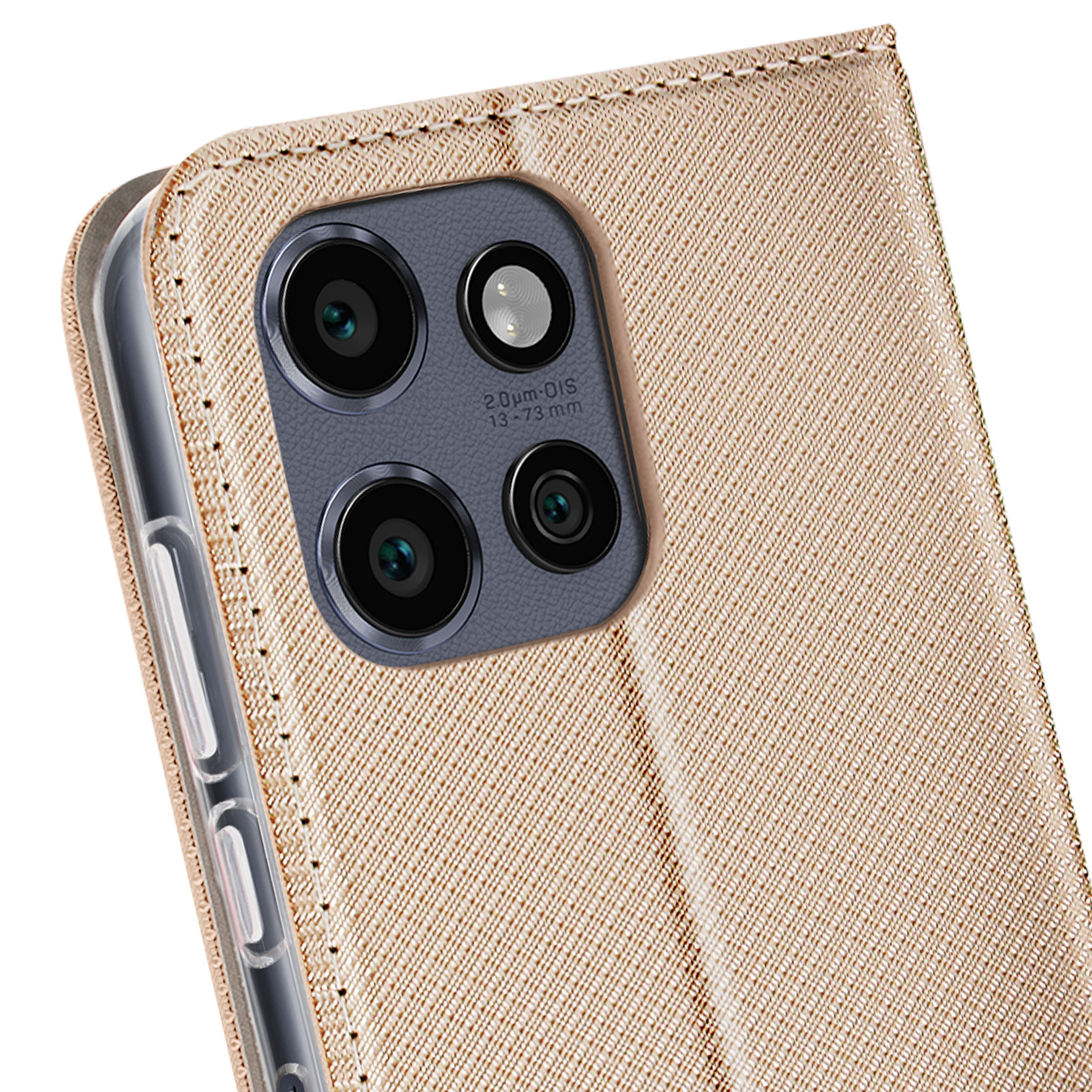 Primo piano di una custodia per telefono con un modulo fotocamera. La custodia è dorata e strutturata.