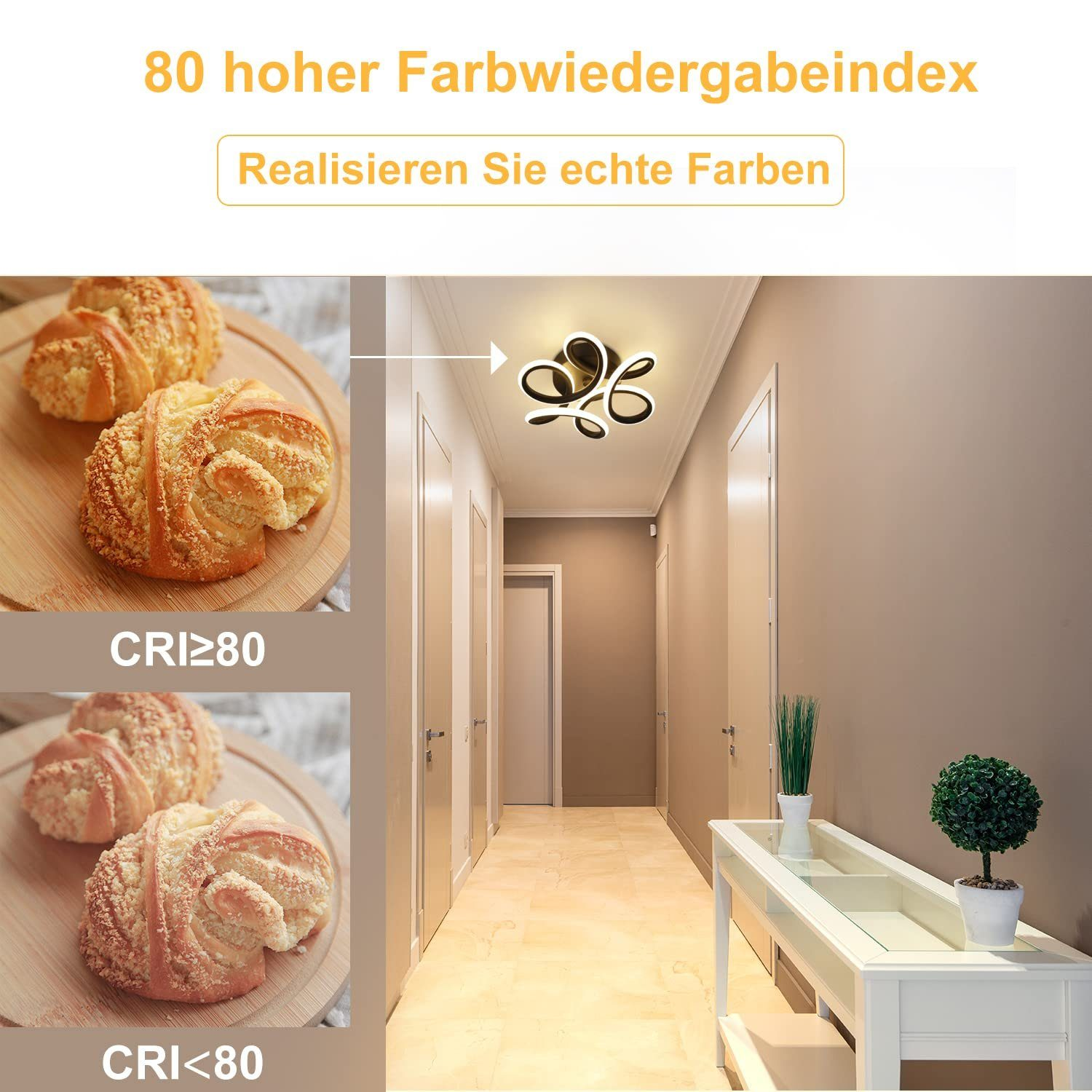 Un corridoio con una luce a soffitto decorativa. Croissant su una tavola di legno e viene mostrato un valore CRI.