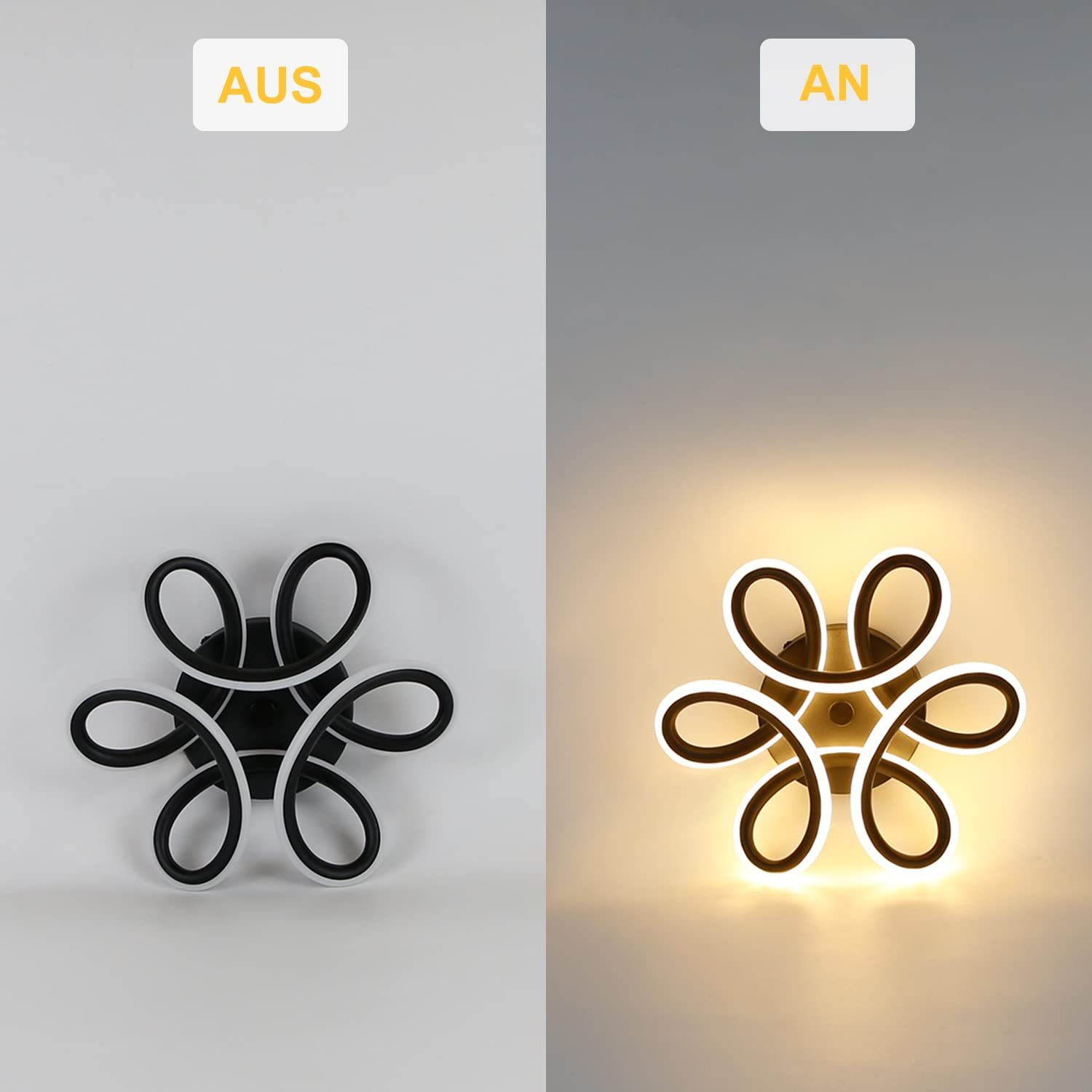 Due lampade da soffitto, una spenta, una accesa. La luce accesa ha un design a vortice nero.