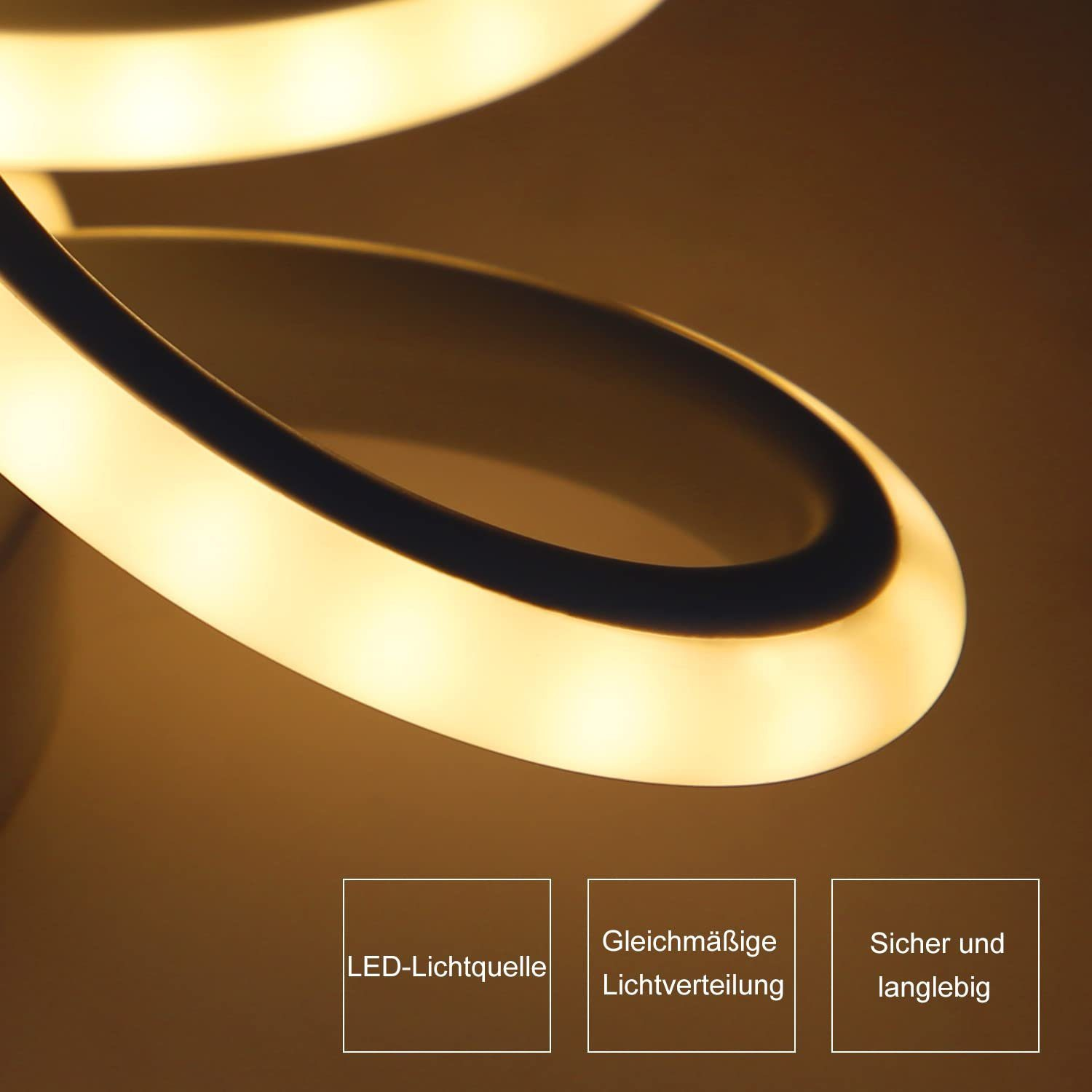 Primo piano della luce LED curva. Testo: Sorgente luminosa LED, distribuzione uniforme della luce, sicura e durevole.