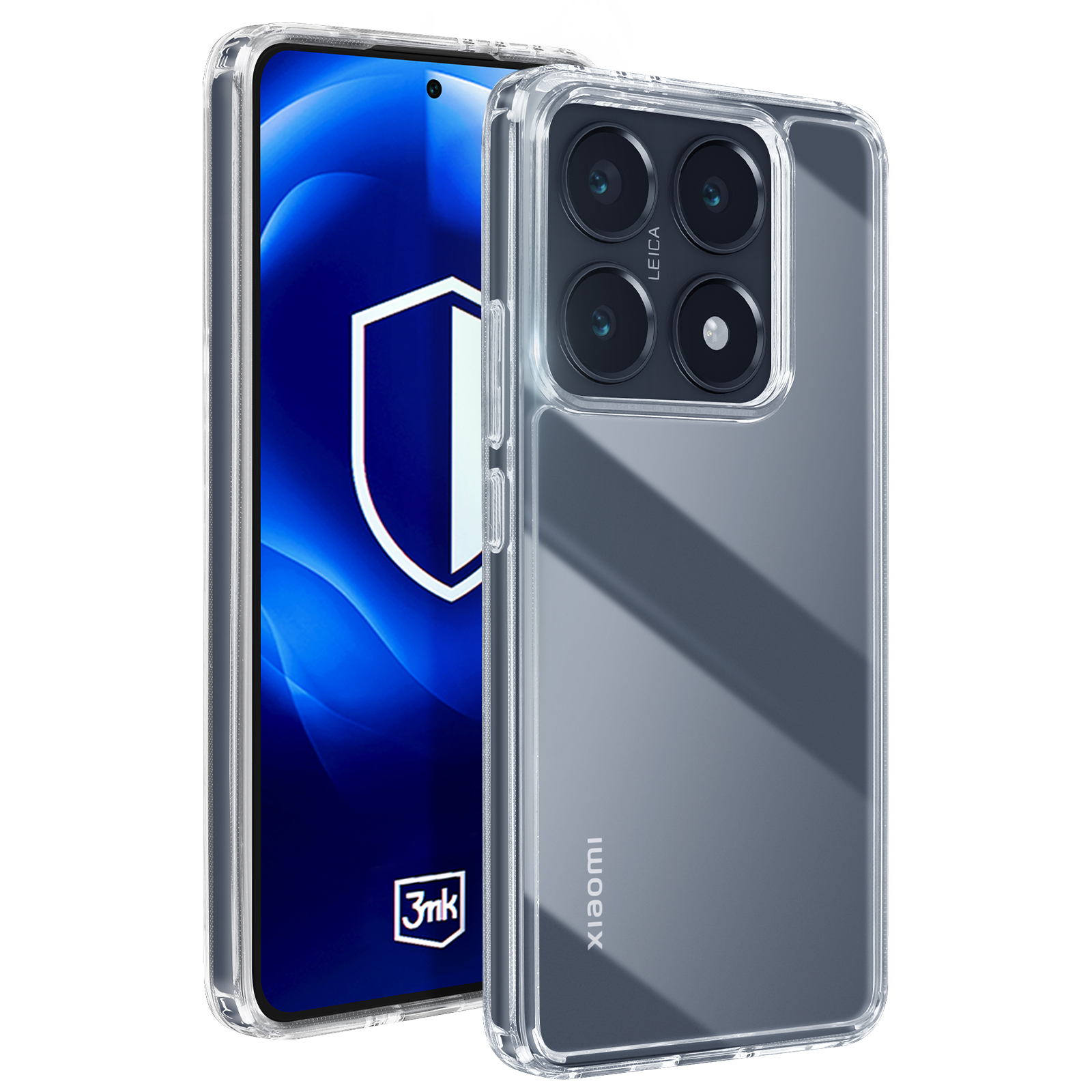 Przezroczyste etui na telefon. W środku jest telefon. Ma niebieską osłonę ekranu i aparat z trzema obiektywami.