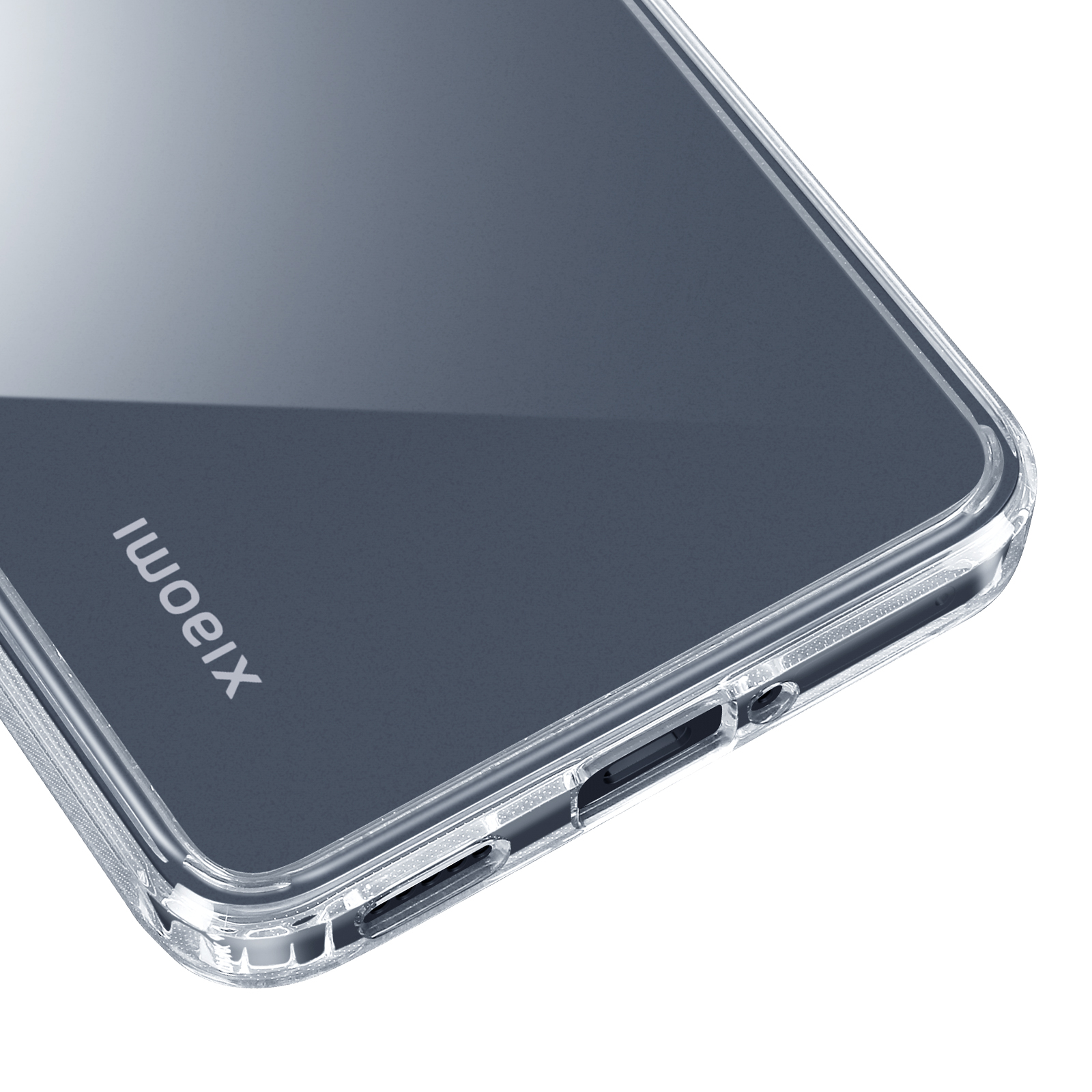 Przezroczyste etui na telefon Xiaomi. Widoczny ekran i boczne przyciski telefonu.