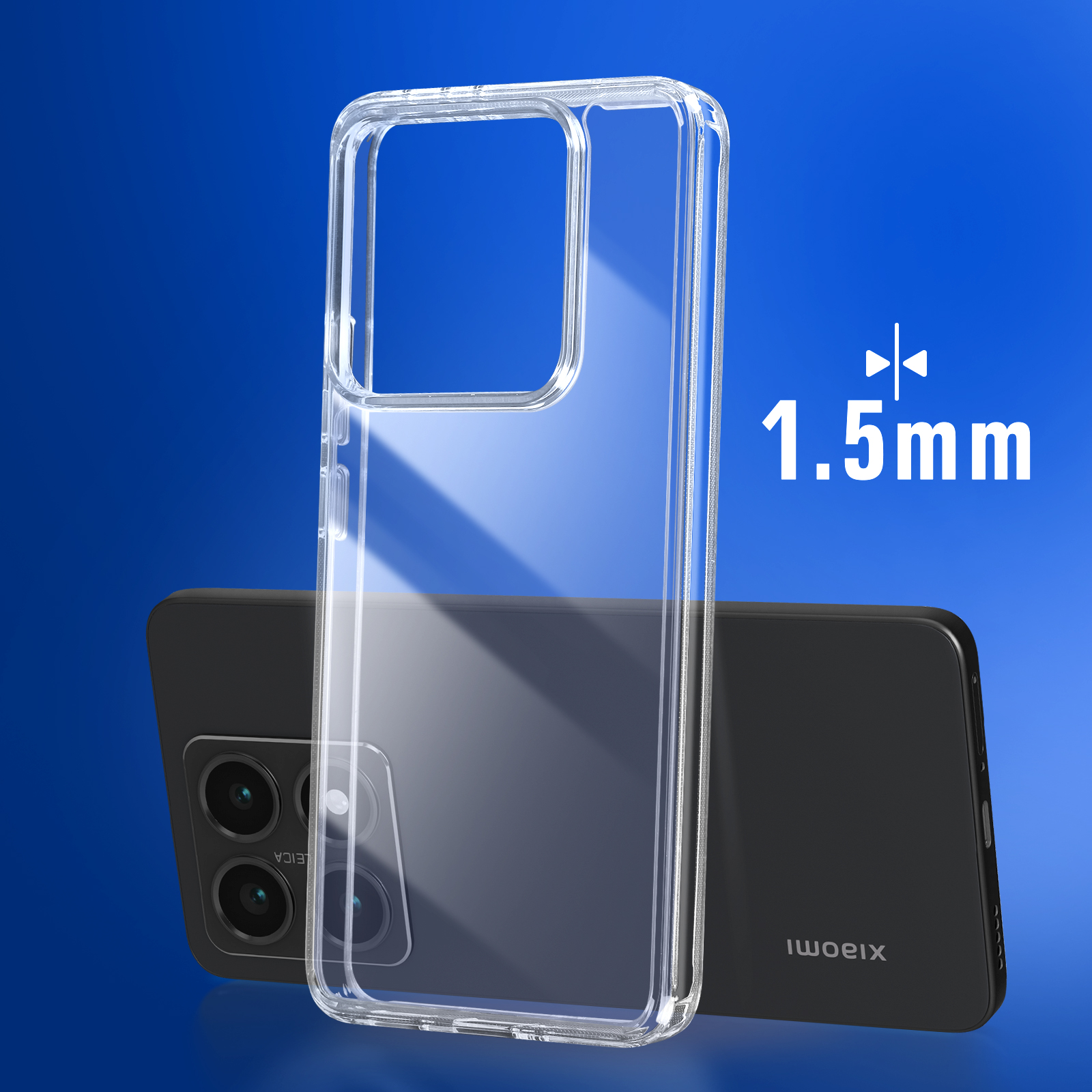 Przezroczyste etui na czarnym telefonie. Niebieskie tło. Tekst: 1,5 mm.