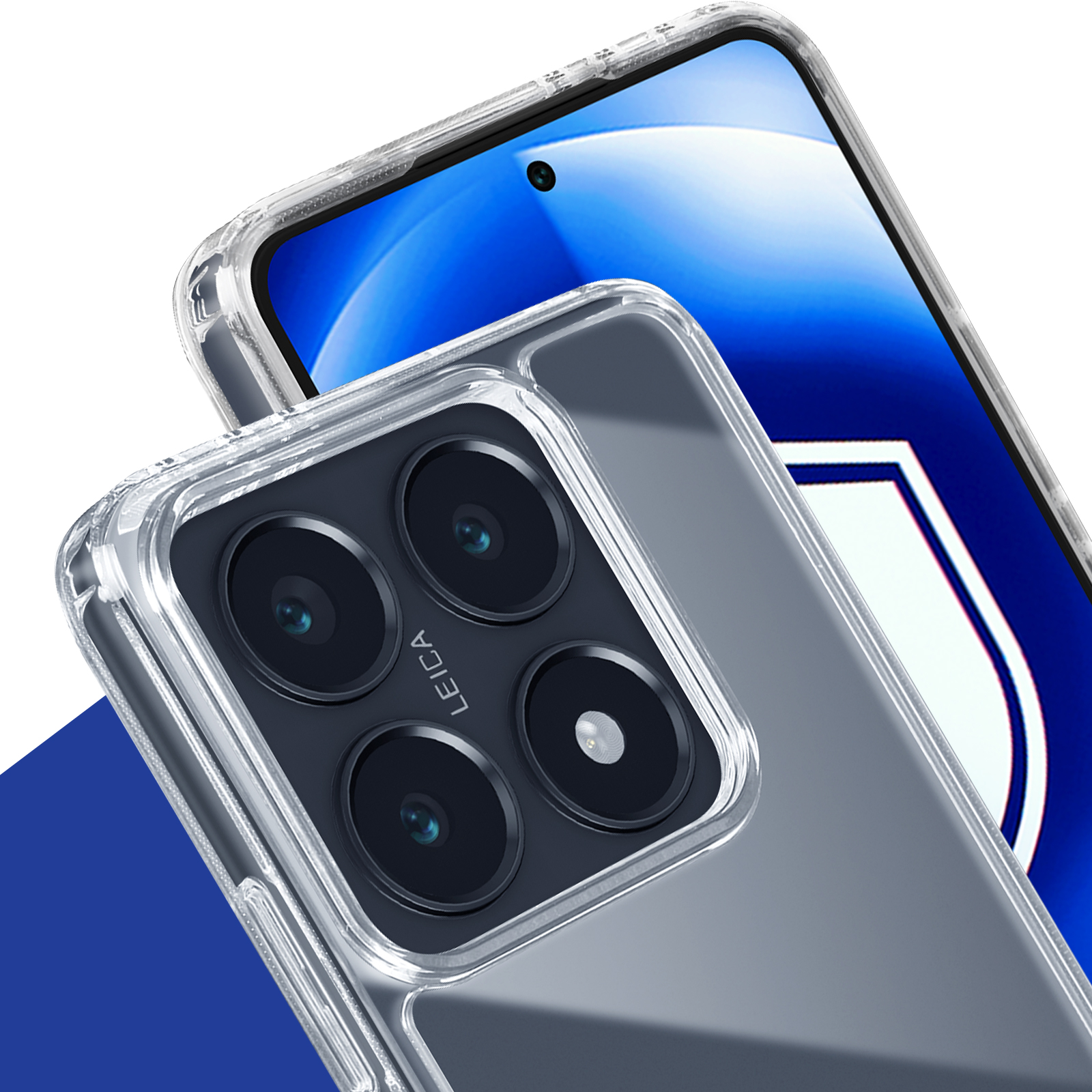 Etui na telefon z widocznym obiektywem aparatu Leica. Telefon ma niebieski ekran.