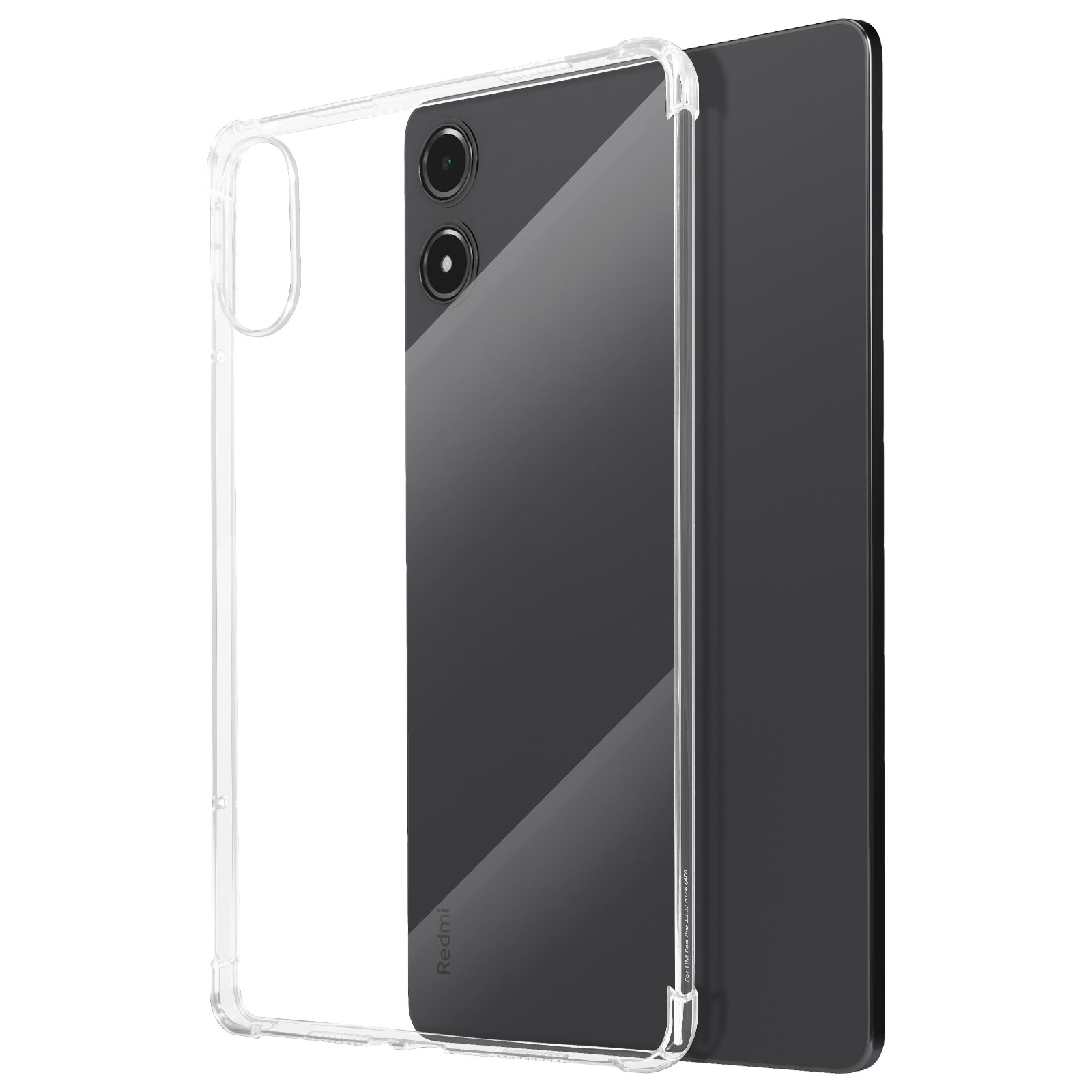Klare Handyhülle auf einem schwarzen Telefon. Das Telefon hat zwei Kameras. Die Hülle ist transparent.