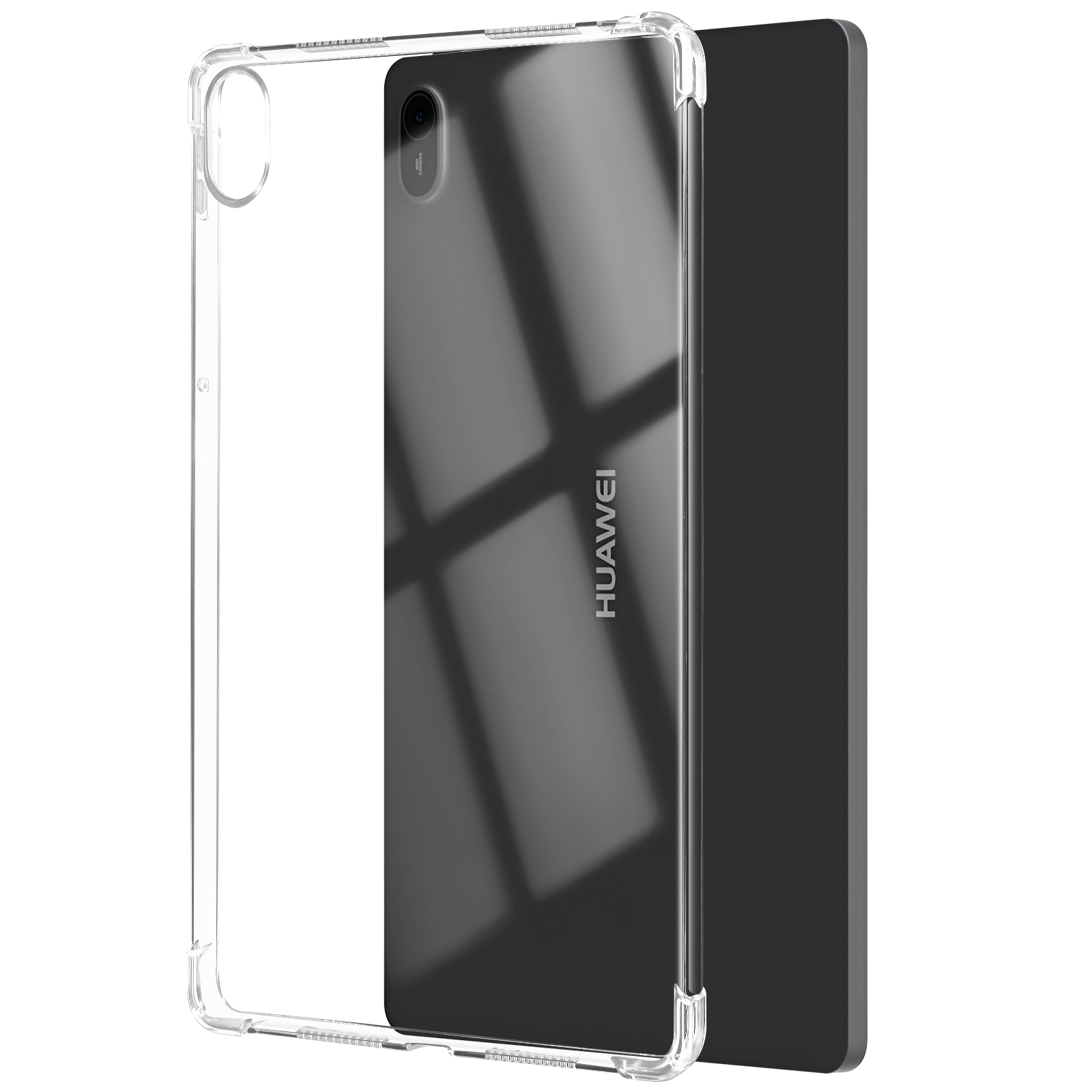 Eine transparente Tablethülle mit einem schwarzen Tablet darin. Das Wort HUAWEI ist auf dem Tablet sichtbar.