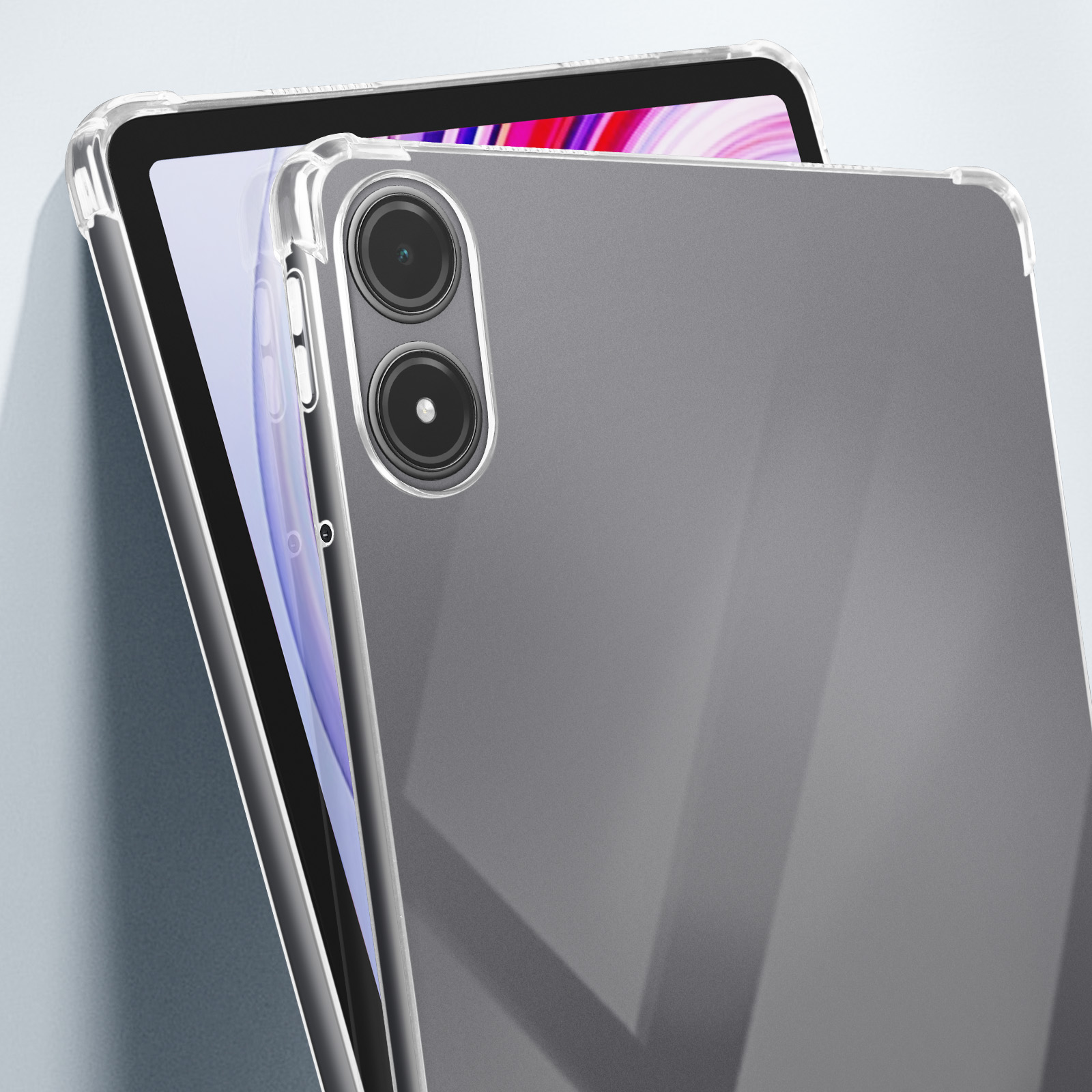 Transparente Handyhülle über einem grauen Telefon. Kameralinsen sind sichtbar.