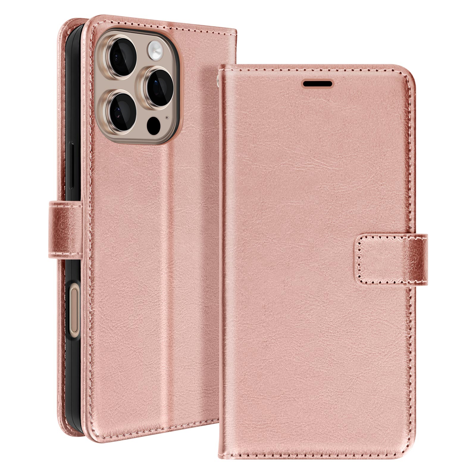 Custodia per telefono oro rosa. È aperta e mostra il telefono. Lo sfondo è bianco.