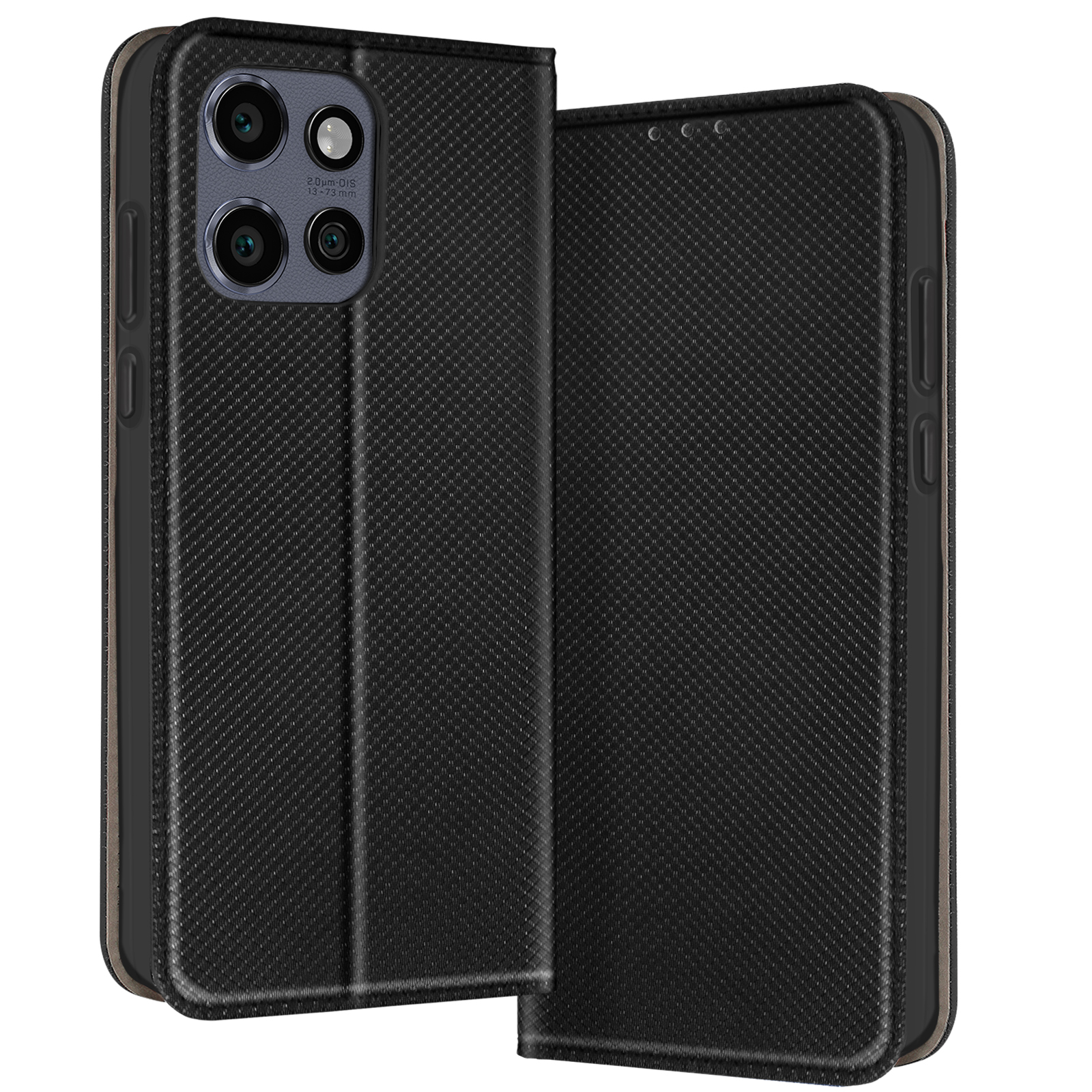 Custodia nera per telefono con design strutturato. La custodia è aperta, rivelando il telefono e la fotocamera.